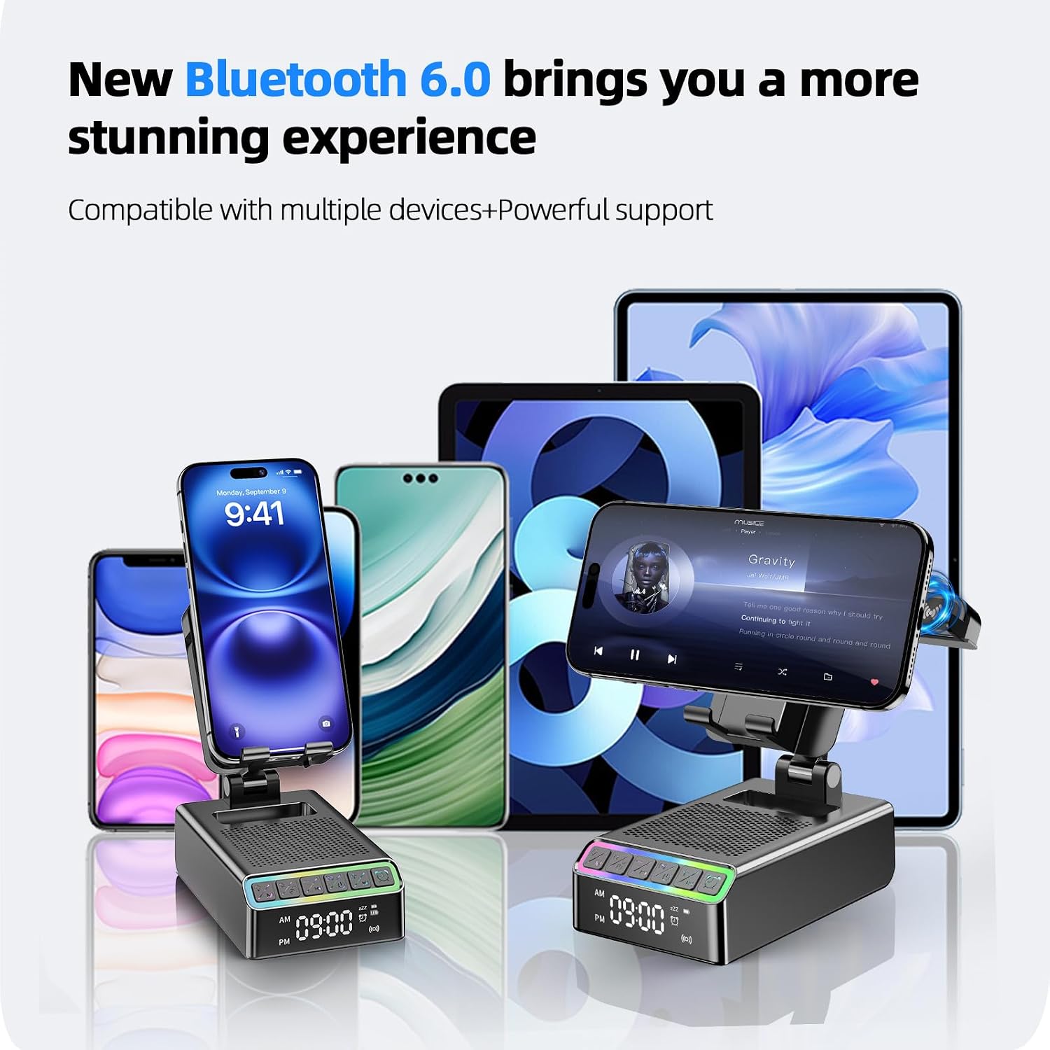 Thumbnail 1 de Bluetooth-Lautsprecher mit Handyhalterung 9-in-1 – Bluetooth 6.0, INDuktions Halterung, Wecker & RGB-Licht