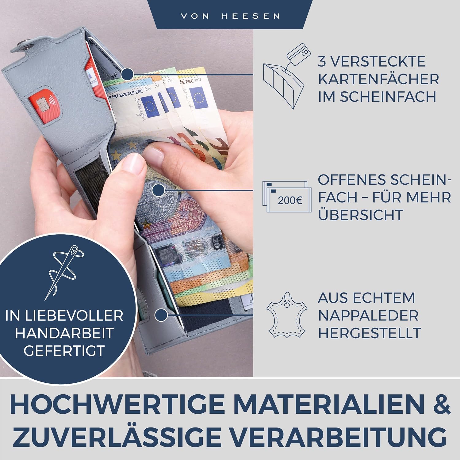 Detalle de VON HEESEN Slim Wallet mit XL Münzfach & RFID-Schutz – Mini Geldbörse aus Nappa-Leder in Hellblau