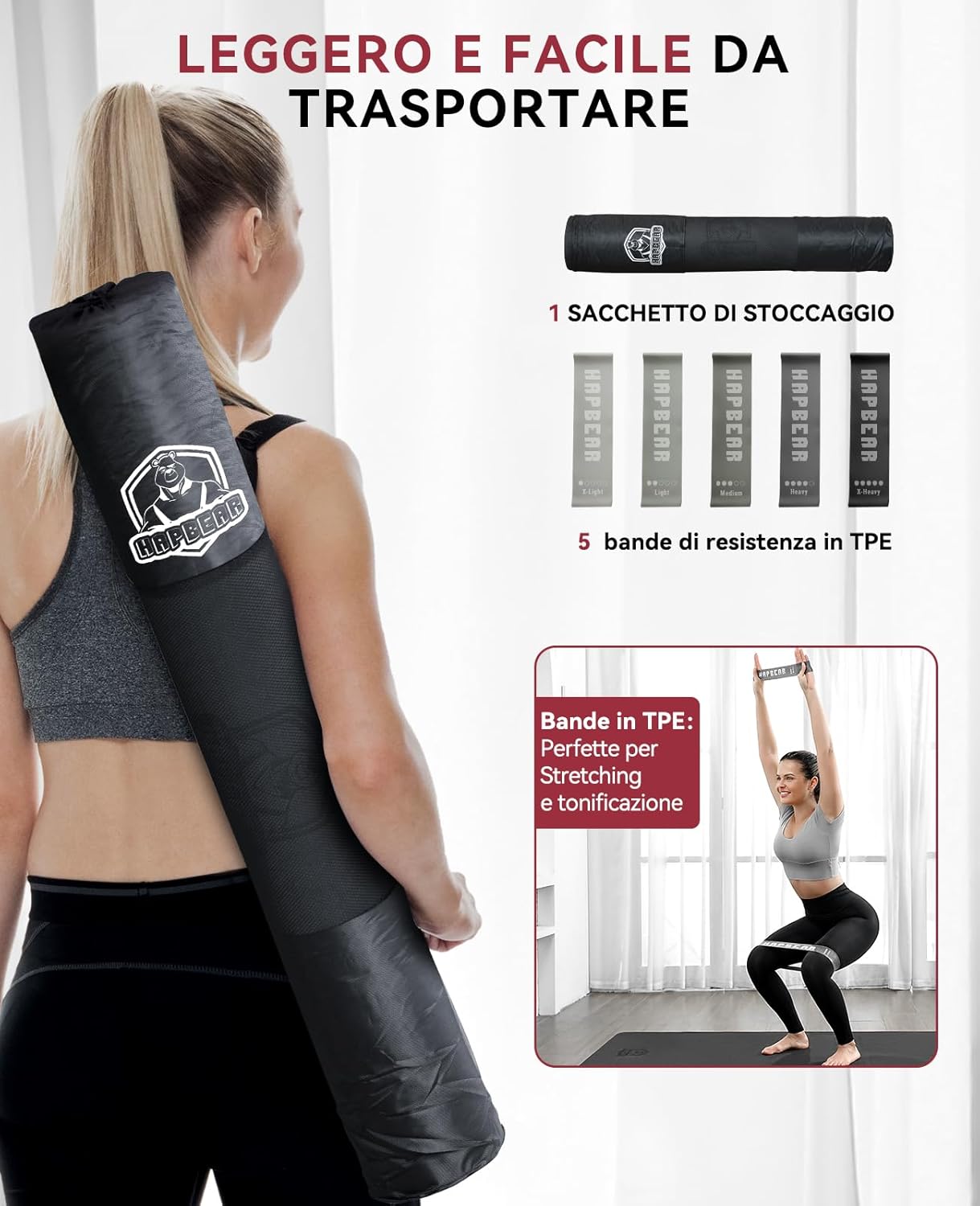 Thumbnail 6 de HAPBEAR Tappetino da Yoga Extra Large 183×91×6 mm in TPE antiscivolo (con bande e borsa)
