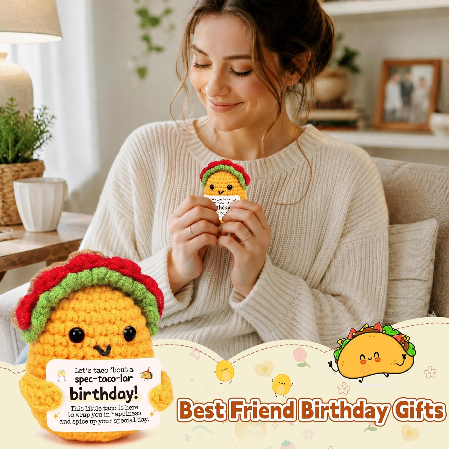 Detalle 2 de LuoHere Crochet Taco Birthday Gift, Handmade Wool Yarn Figure with Funny Message