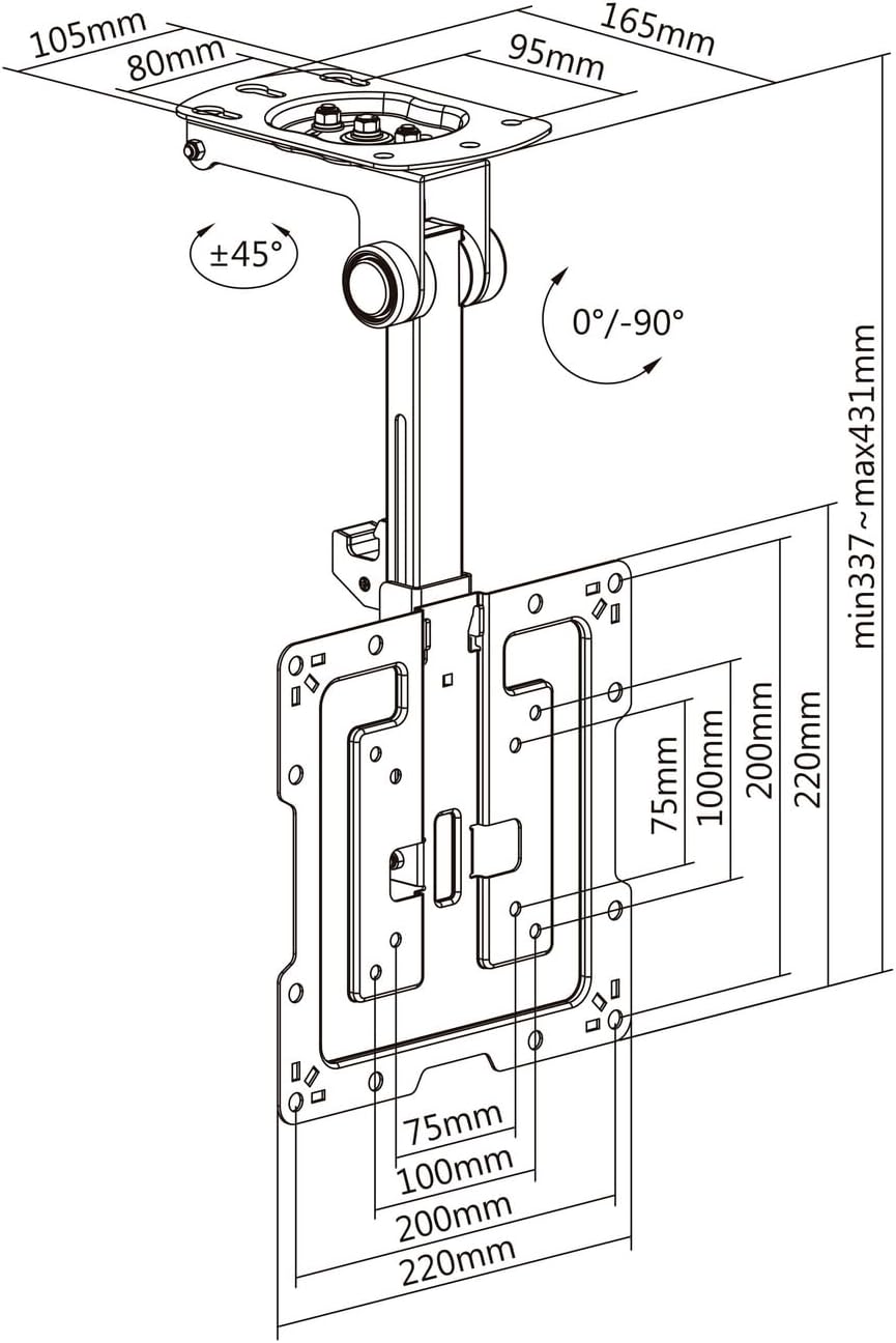 Detalle de AISENS CT43S-187 Deckenhalterung: Drehbar, faltbar, 19–43 Zoll, max. 20 kg, Schwarz