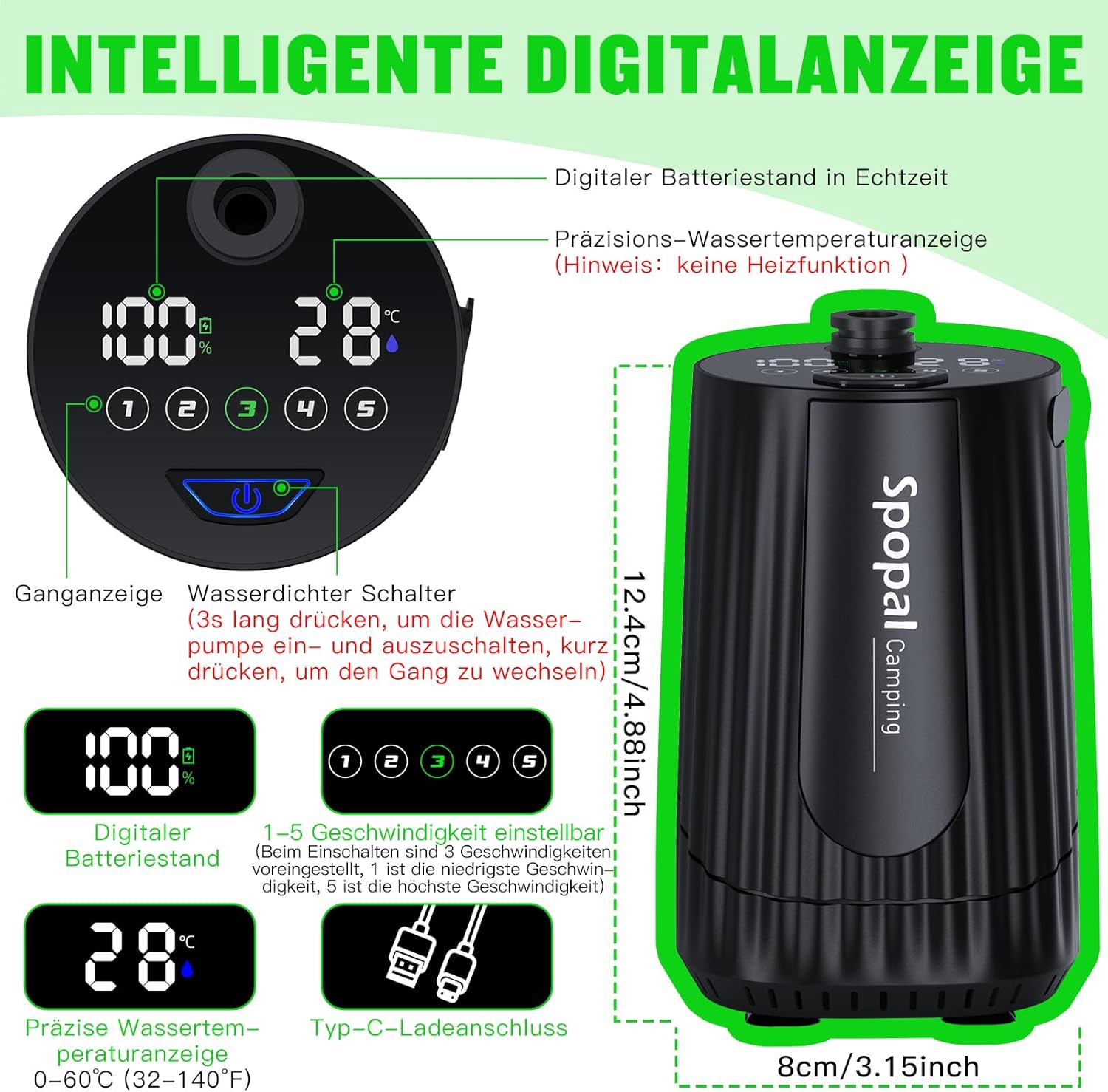 Thumbnail 3 de Spopal Campingdusche Aktualisierte Version – Tragbare Dusche mit 10000 mAh Akku, IPX8, 5-Stufen-Durchfluss