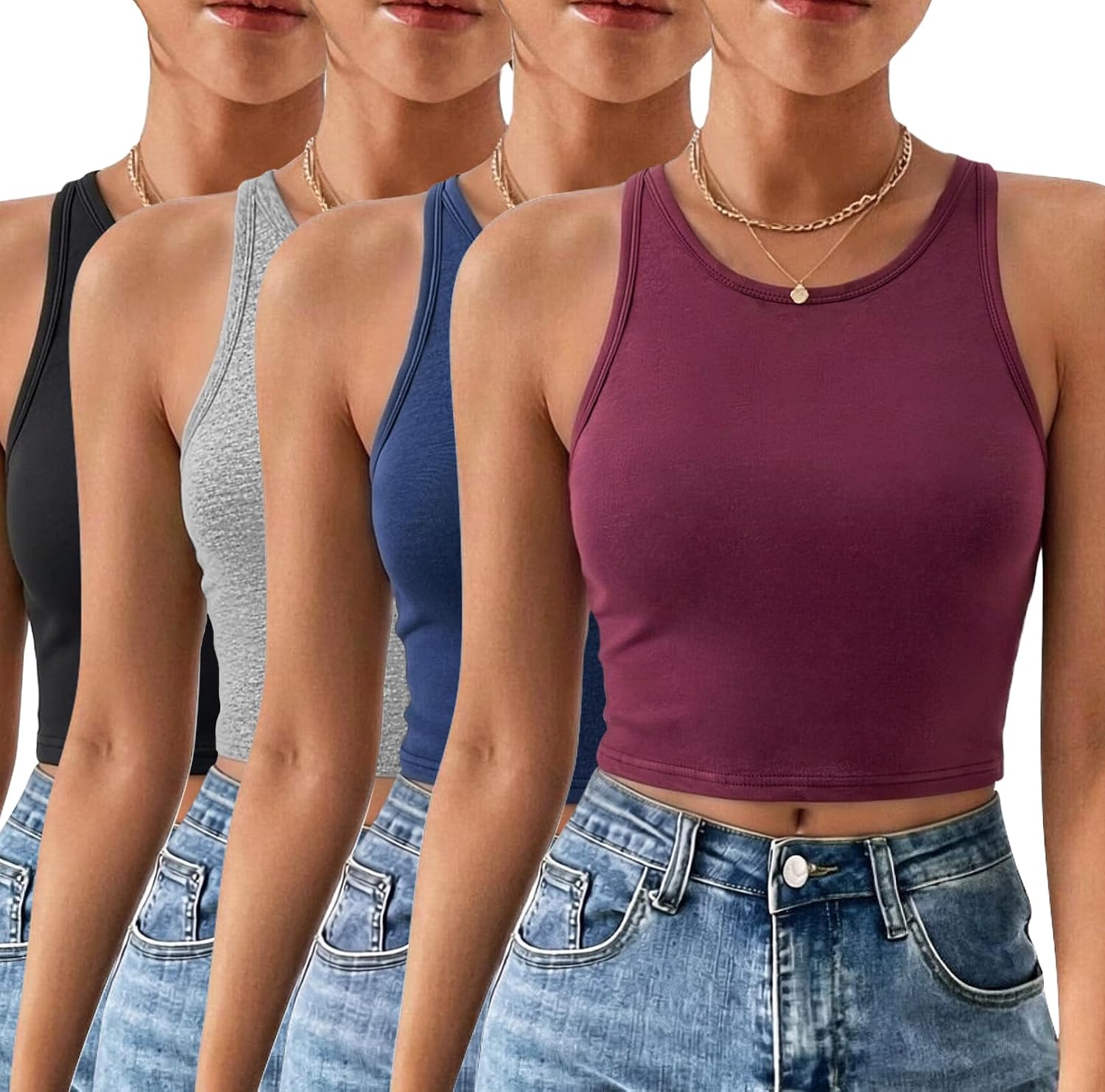 Detalle de Kole Meego Women’s Workout Crop Tops 4-Pack (High-Neck Racerback) Stretch Cotton & Spandex