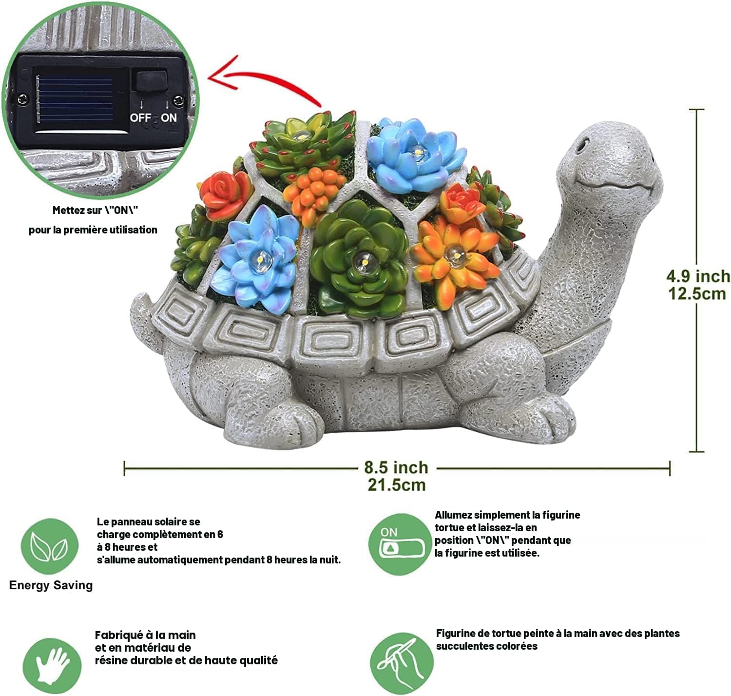 Detalle de Yeomoo Figurine solaire de jardin tortue avec plantes succulentes et 7 lumières LED