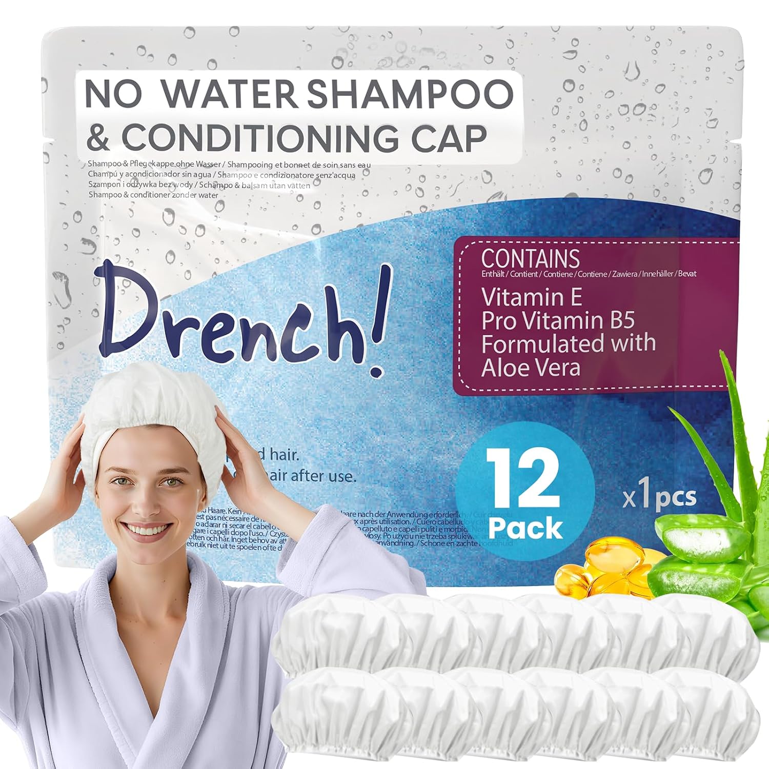 Detalle de Drench! No Water Hair Washing Cap – Waterless, No-Rinse Cap with Shampoo & Conditioner (Pack of 12)