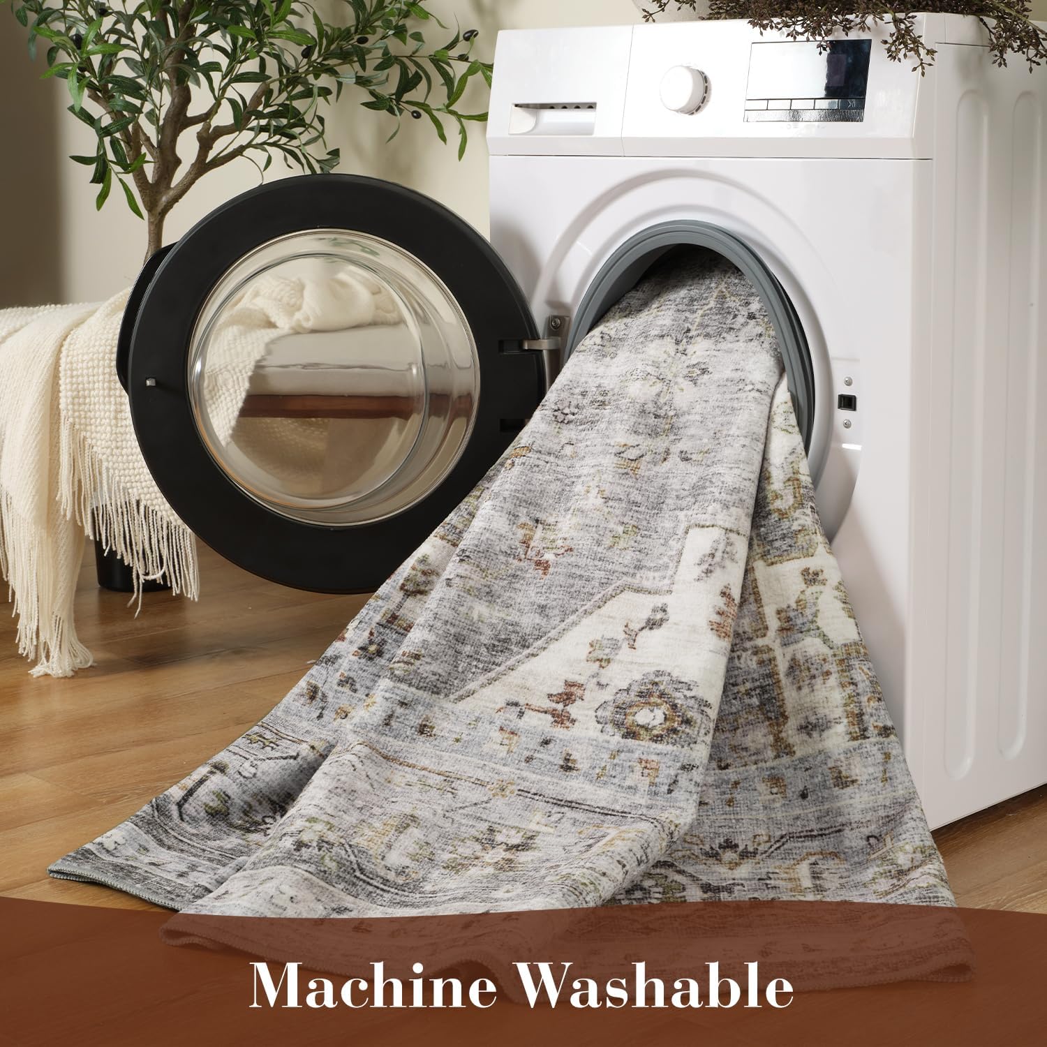 Thumbnail 4 de MontVoo 8' x 10' Grey Area Rug, Machine-Washable Polyester, Non-Slip Backing