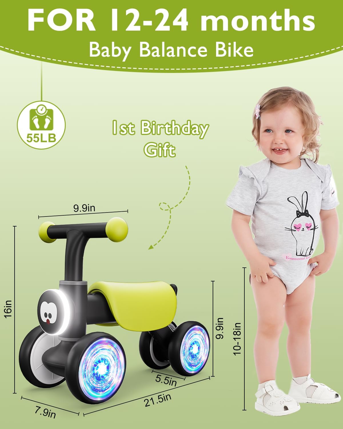 Thumbnail 3 de Colorful Glow Wheel Toddler Balance Bike (12–24 Months) with Soft Music & Animal Sounds