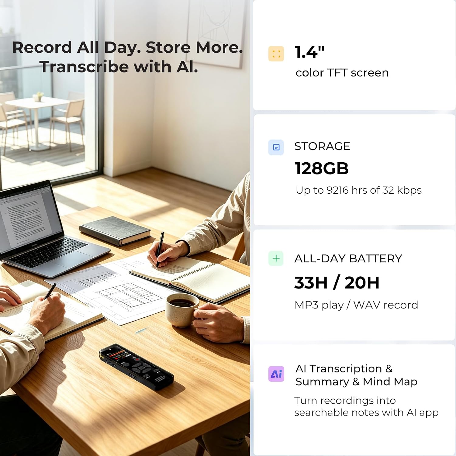 Detalle 2 de EVISTR L359 Digital Voice Recorder, 128GB with AI Transcription and OTG