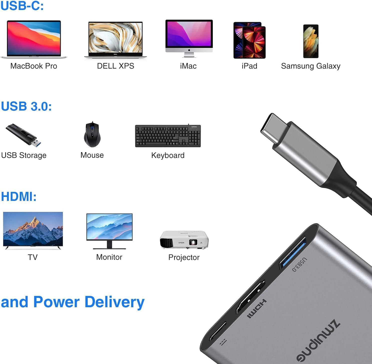 Detalle 2 de Black 3-in-1 USB-C to HDMI Adapter with 4K HDMI, USB 3.0 and 100W PD charging