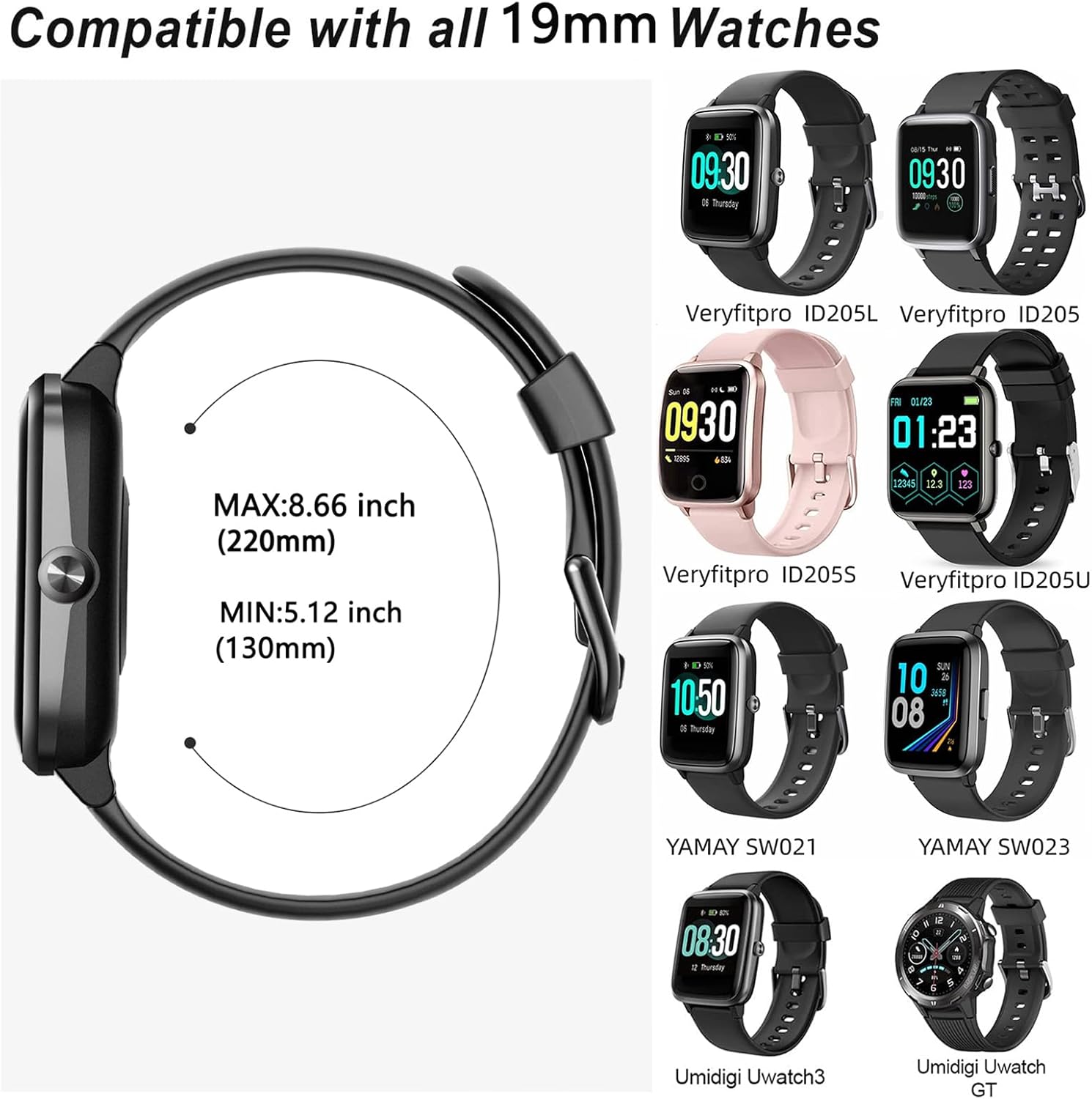 Thumbnail 2 de SUGARJAR Strap for Fitpolo ID205L / 19mm silicone replacement band (compatible with several ID205/ID215/ID216 models) in Black