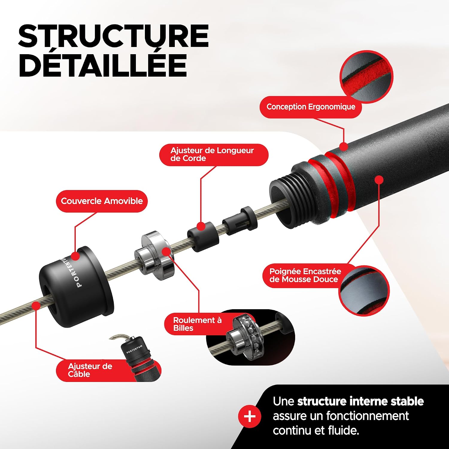 Detalle de PORTENTUM Corde à Sauter Sport 2,8 m — Robuste, réglable et fluide pour enfant et adulte