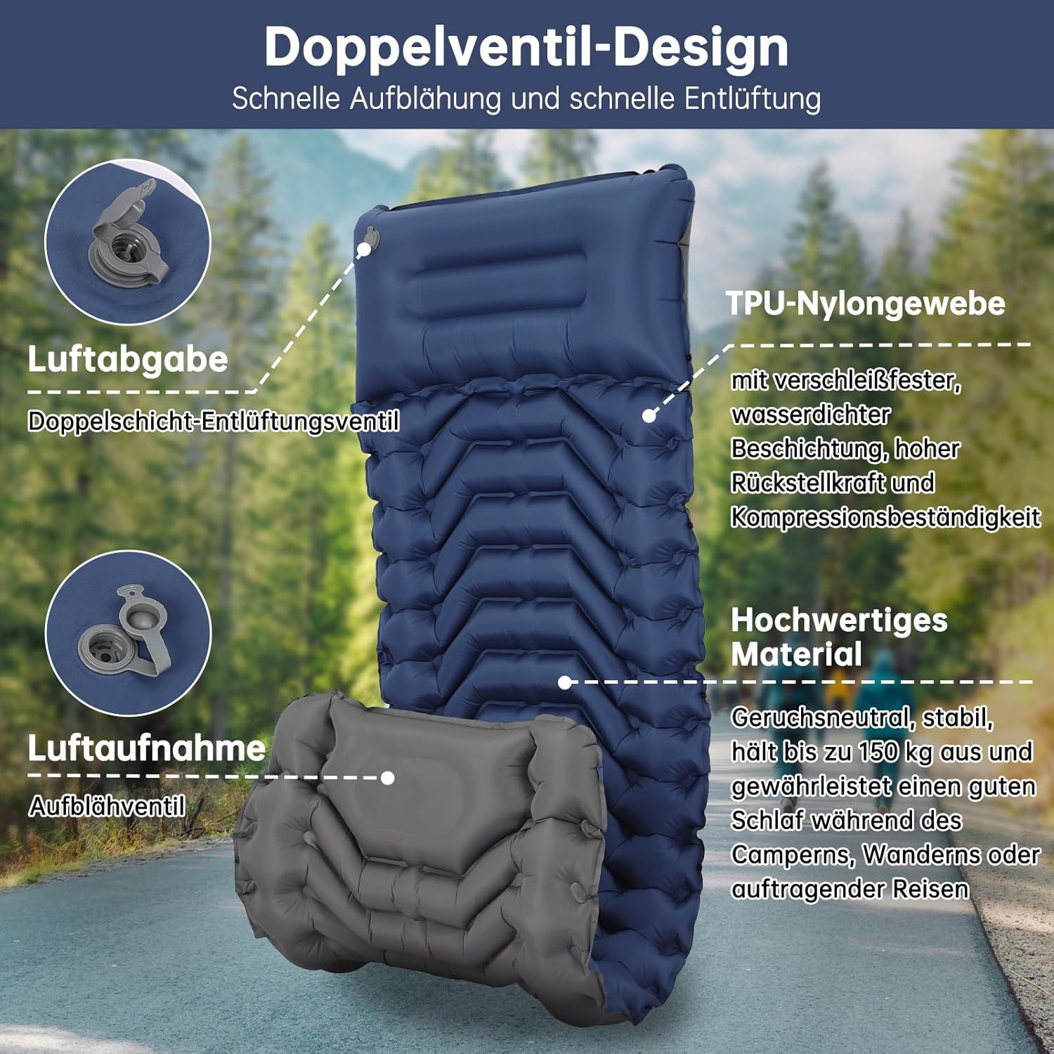 Thumbnail 3 de HAUSPROFI Isomatte Camping – ultraleicht, 9 cm dick, Fußpumpe, Kissen, blau