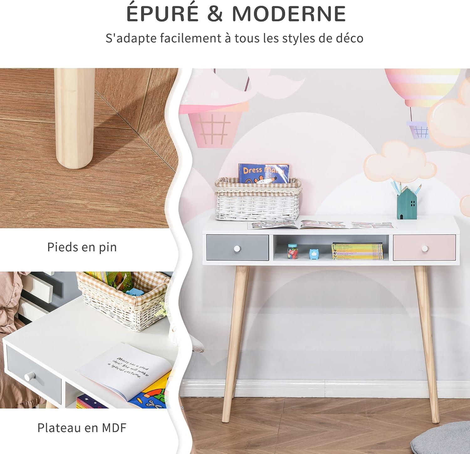 Thumbnail 4 de HOMCOM Bureau Enfant Style scandinave avec tiroir et compartiment de rangement – 100L x 48l x 76,5H cm