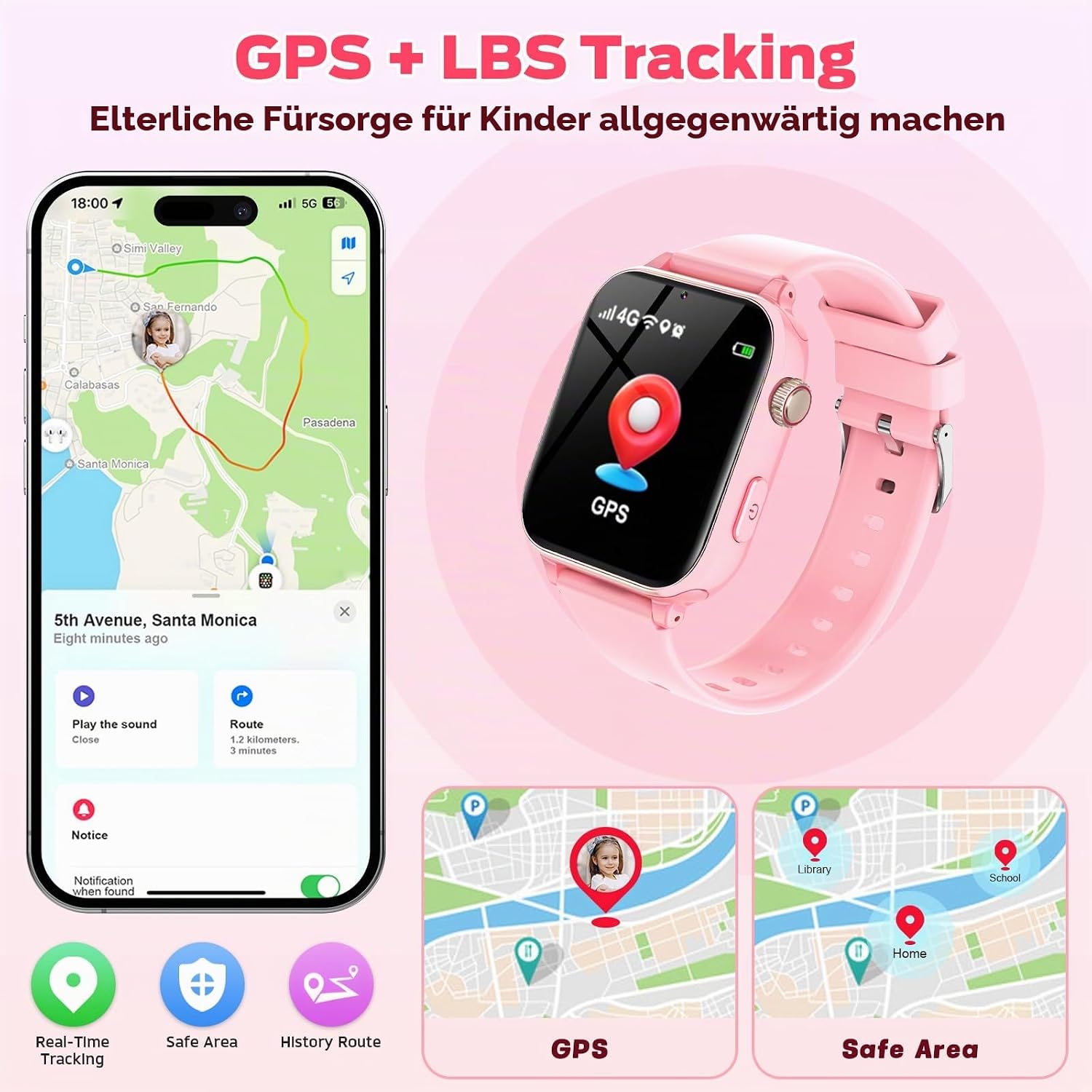 Detalle de Ucani 4G Smartwatch Kinder – GPS, Videoanruf und SOS-Notruf (Orangerosa)