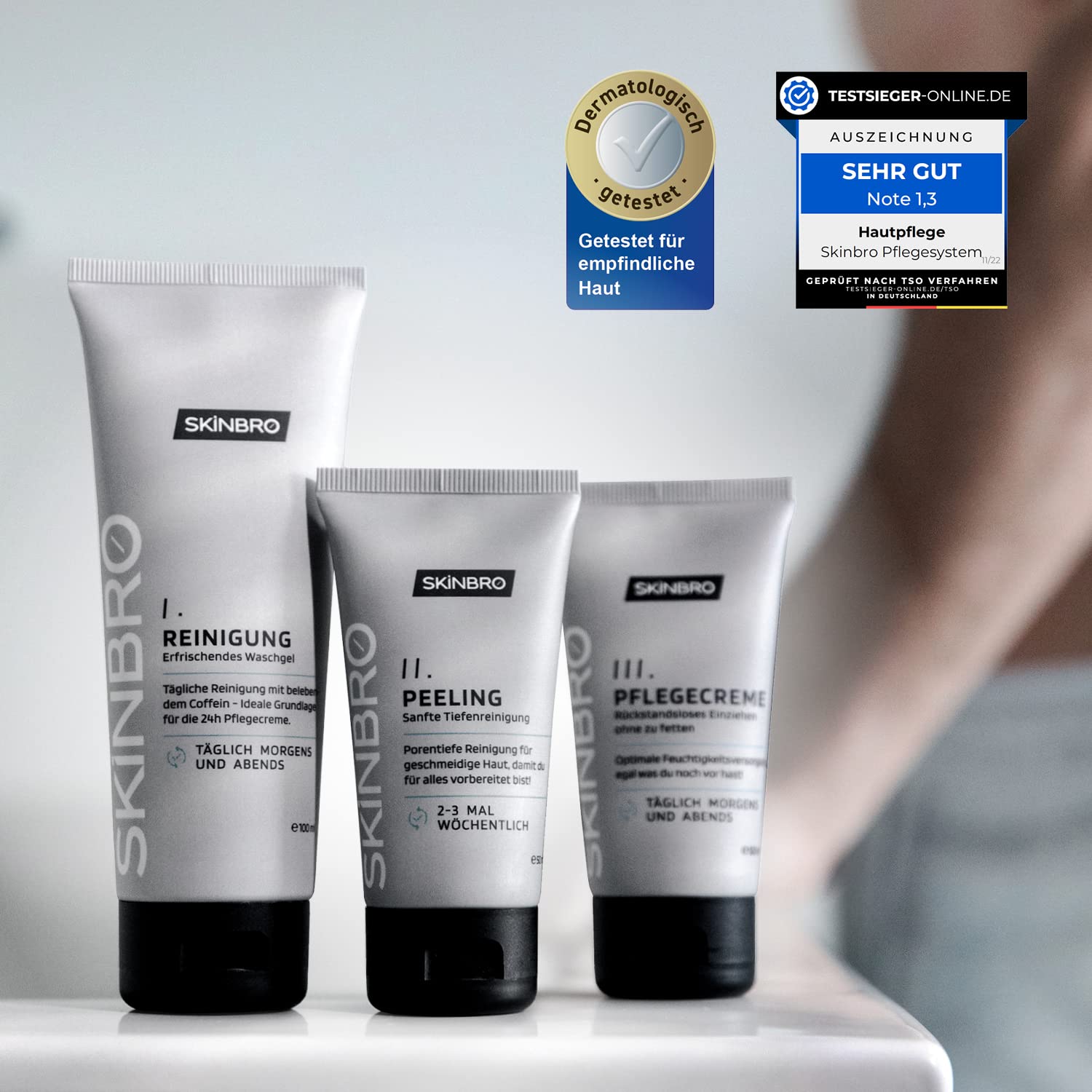 Detalle de SKINBRO Männer Gesichtspflege-Set (3 Schritte) – Reinigung, Peeling & Koffein-Gesichtscreme, vegan, Made in Germany