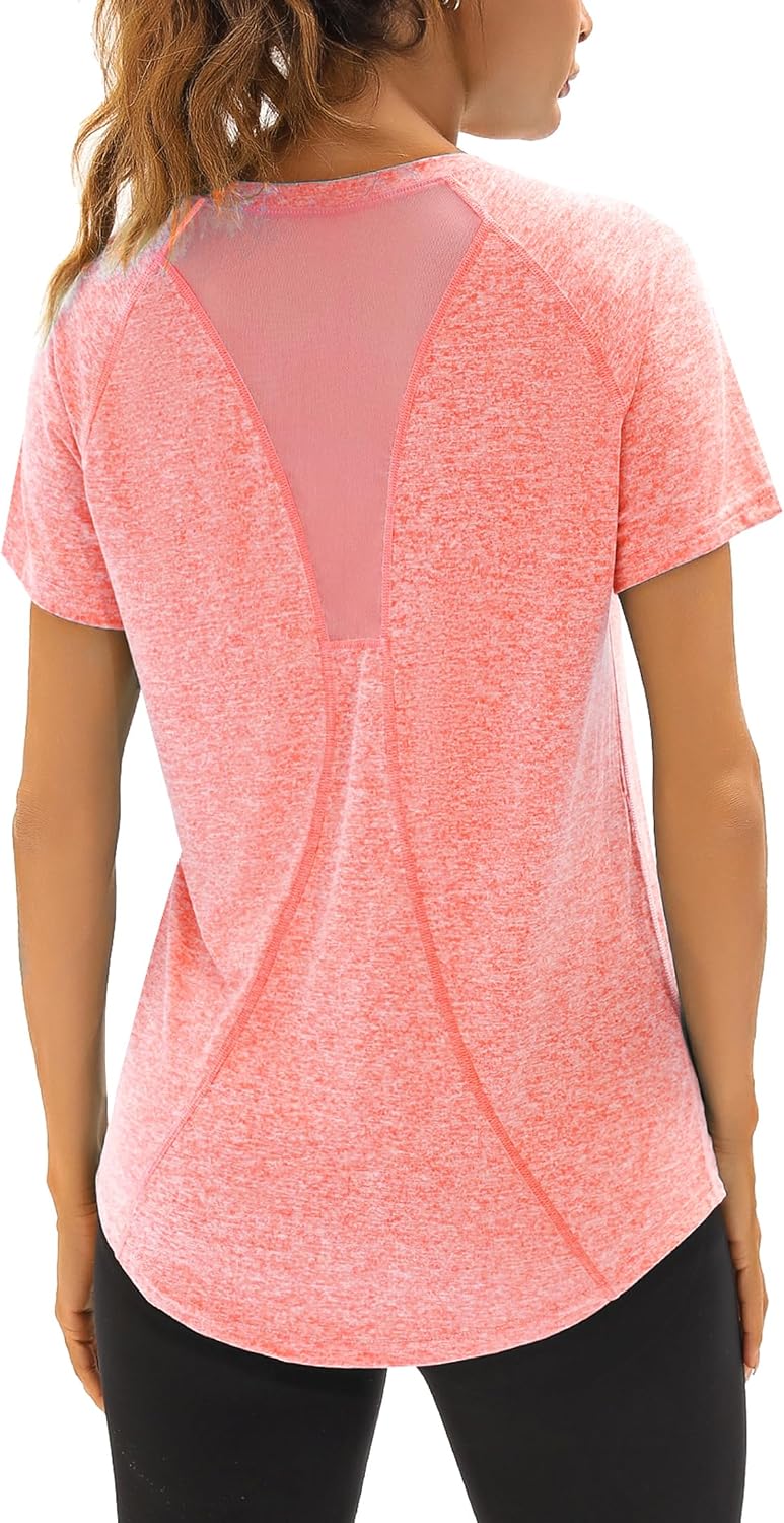 Detalle de Wayleb Damen Sportshirt Kurzarm mit V-Ausschnitt – Funktionsshirt mit atmungsaktivem Mesh-Rücken für Fitness, Lauf & Yoga