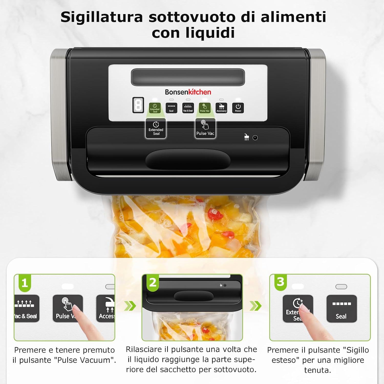 Detalle 2 de Bonsenkitchen Macchina Sottovuoto per Alimenti con tecnologia Globefish, taglierina incorporata e maniglia bloccata