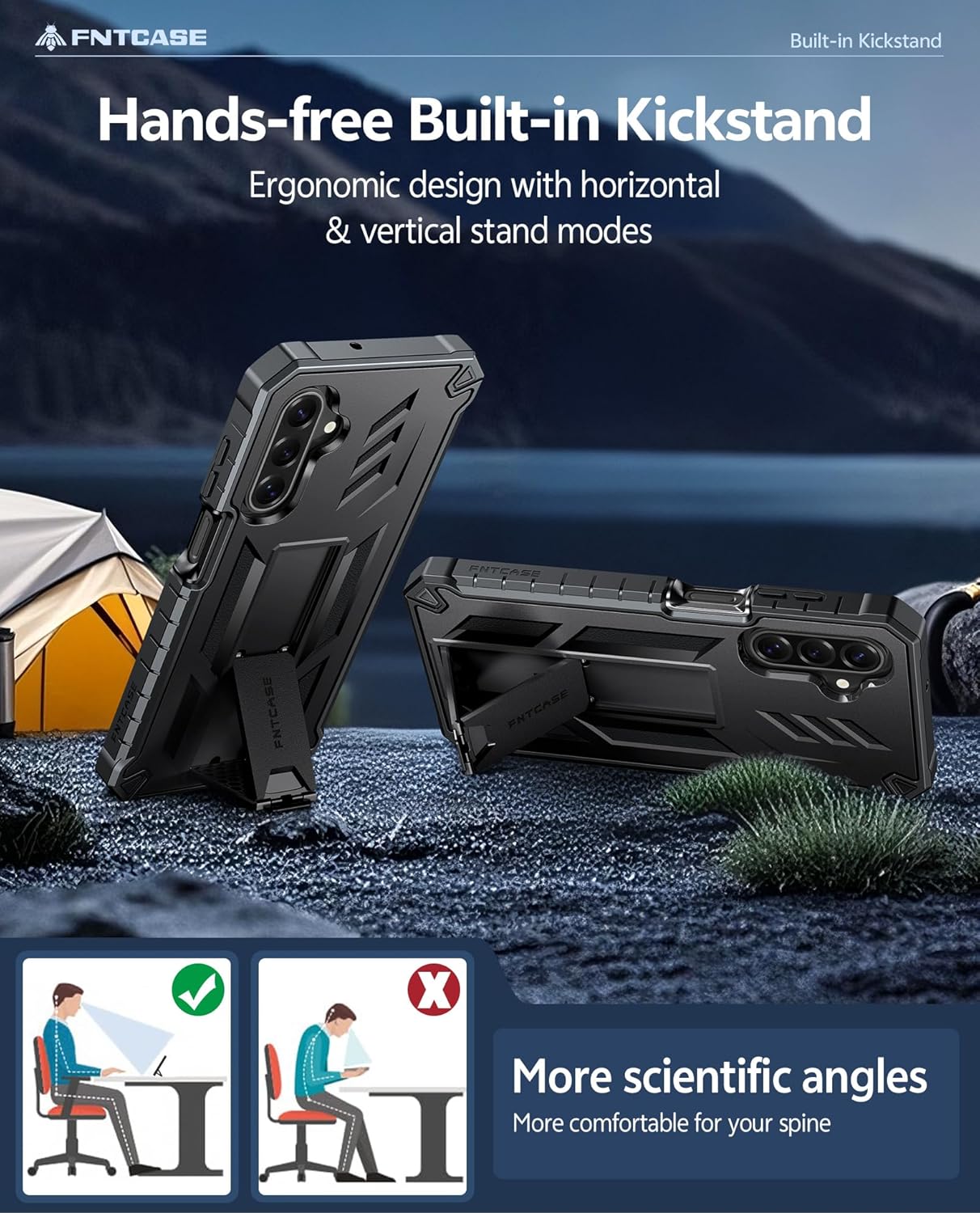 Thumbnail 4 de FNTCASE rugged phone case for Samsung Galaxy A17 / A26 4G-5G (2025) with integrated screen protection and kickstand – Black