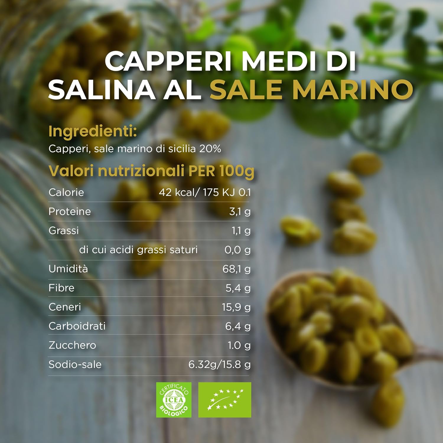 Detalle 2 de RACILIA Capperi Medi Sotto Sale DOP Isole Eolie – Lavorazione Artigianale Siciliana 100% Italiani 250 g