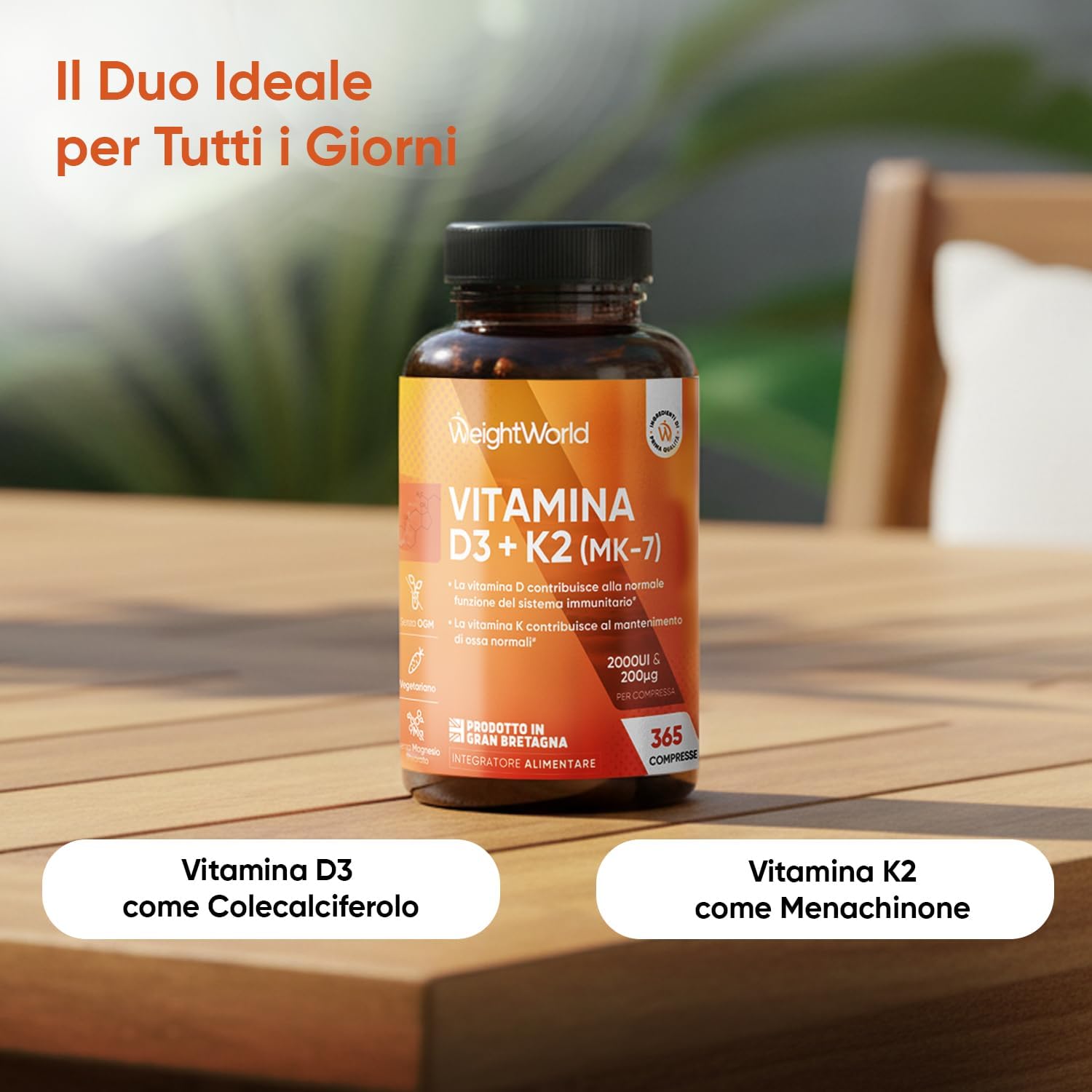 Thumbnail 1 de Vitamina D3 + K2 WeightWorld: 1 compressa al giorno, 365 compresse, 2000 UI D3 e MK-7 200 μg per un anno di supporto osseo