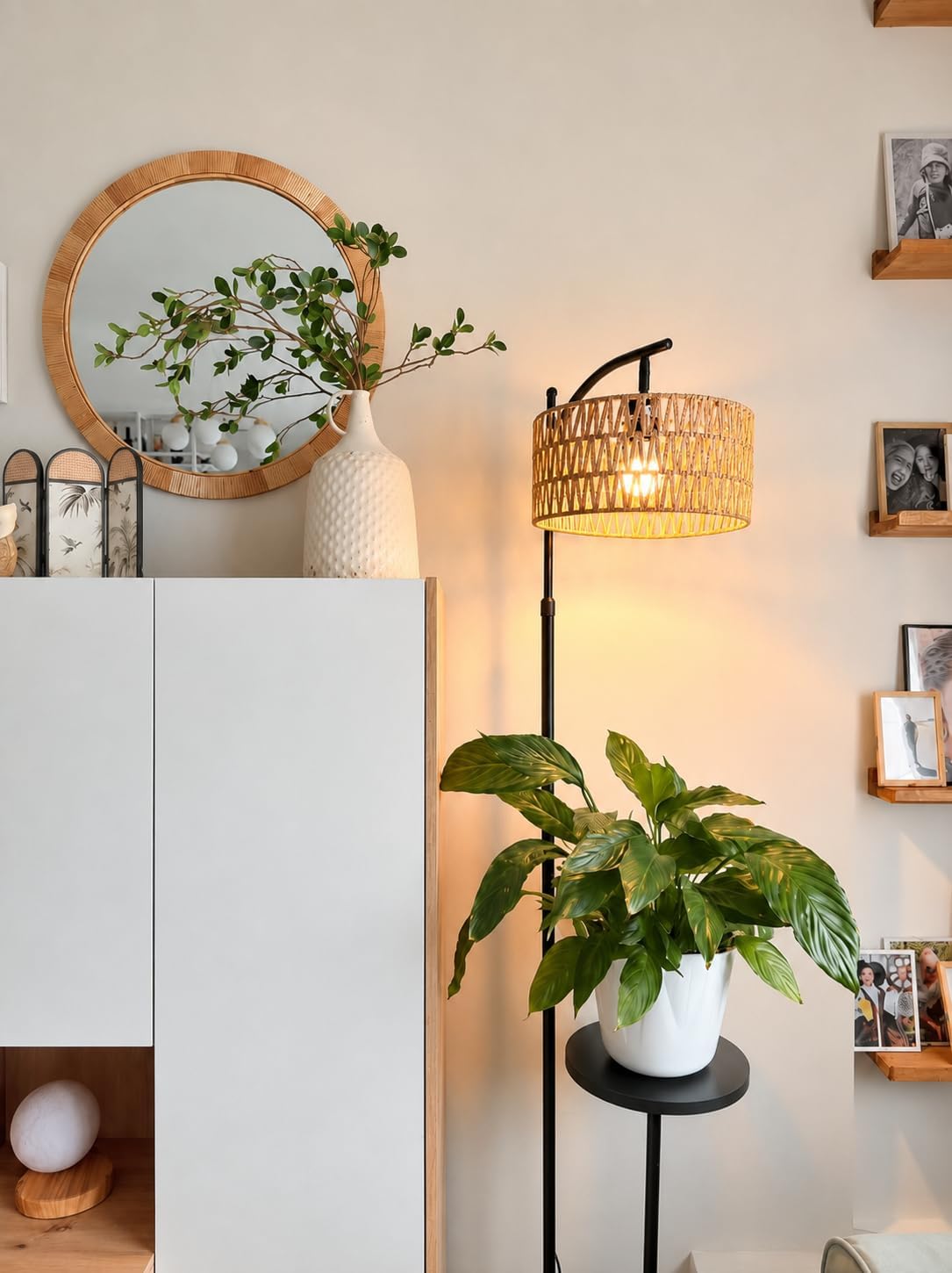 Thumbnail 5 de LuminexDesigns Stehlampe Wohnzimmer Vintage Rattan – Höhenverstellbar, E27, Ablage, Fußschalter, Schwarz-Beige