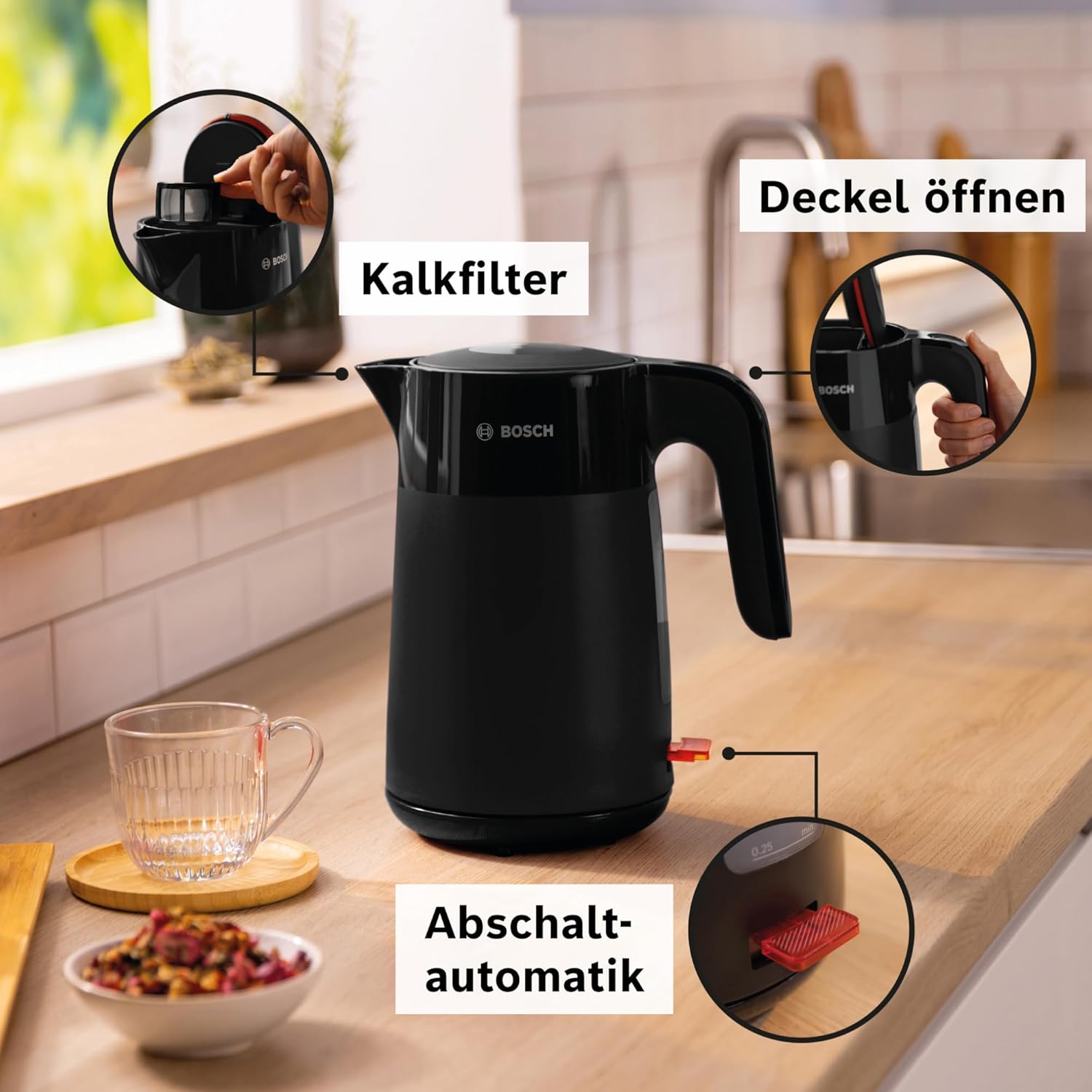 Detalle 2 de Bosch MyMoment TWK2M163 kabelloser Wasserkocher – 1,7 L, 2400 W, matt Schwarz