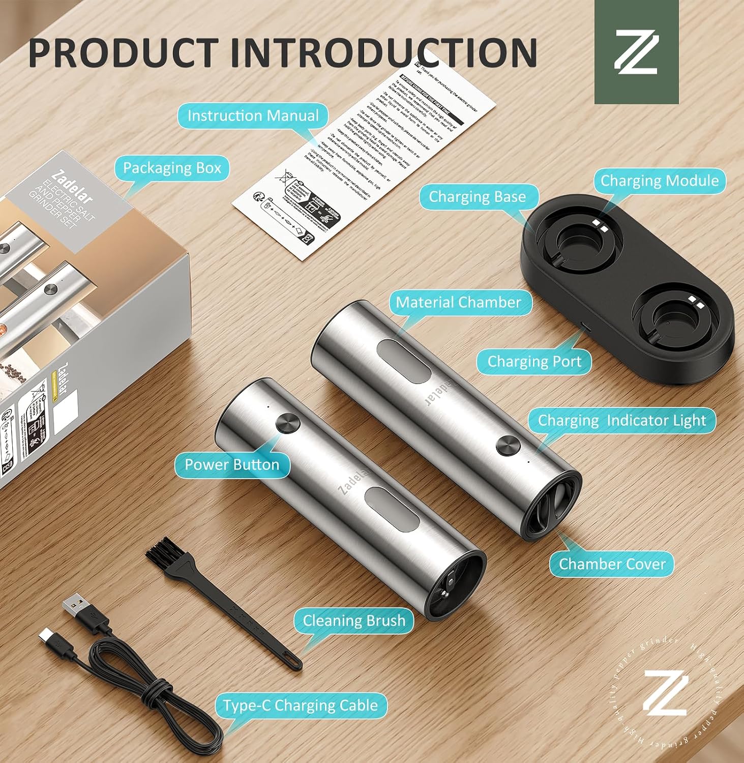 Thumbnail 6 de Zadelar Rechargeable Electric Salt and Pepper Grinder Set with USB-C Charging Dock