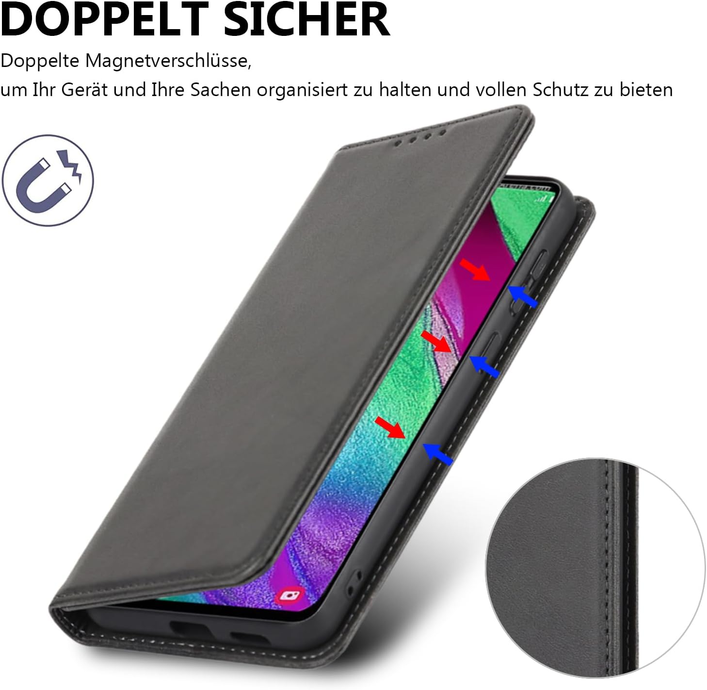 Detalle de Samsung Galaxy A40 Ledertasche mit Schutzfolie – Wallet Hülle Schwarz