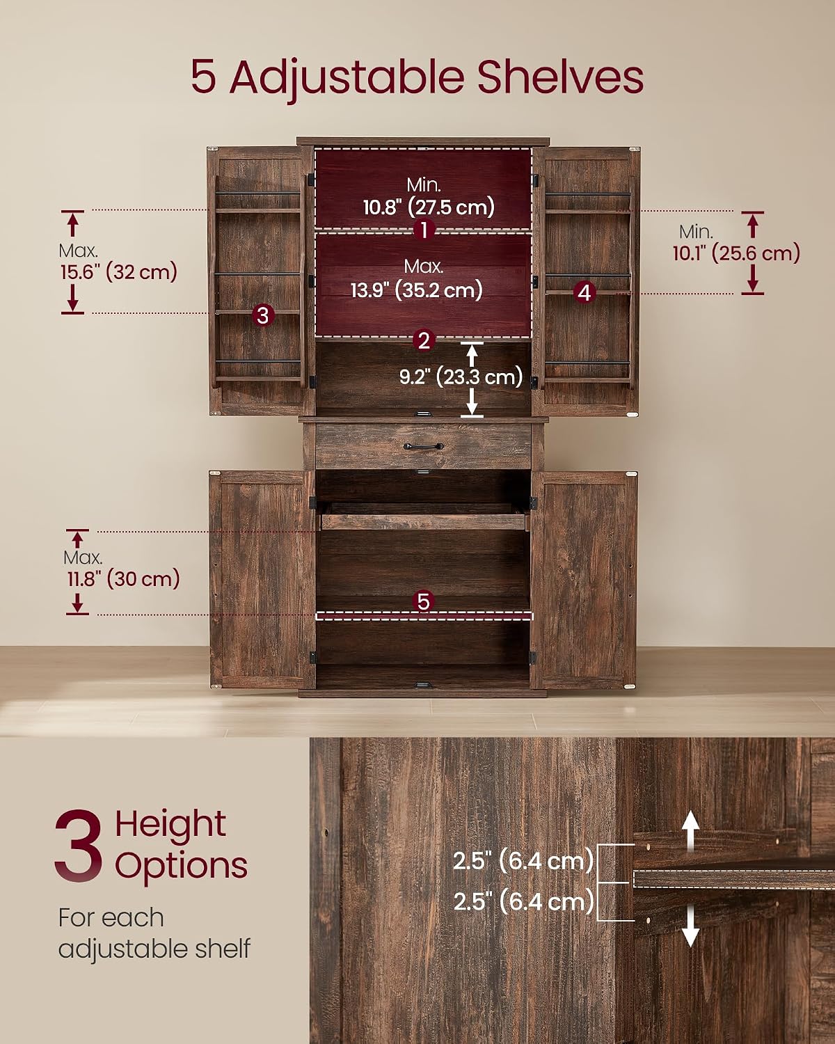 Detalle 2 de VASAGLE Pantry Cabinet 15.8 x 31.5 x 70.3 Inches