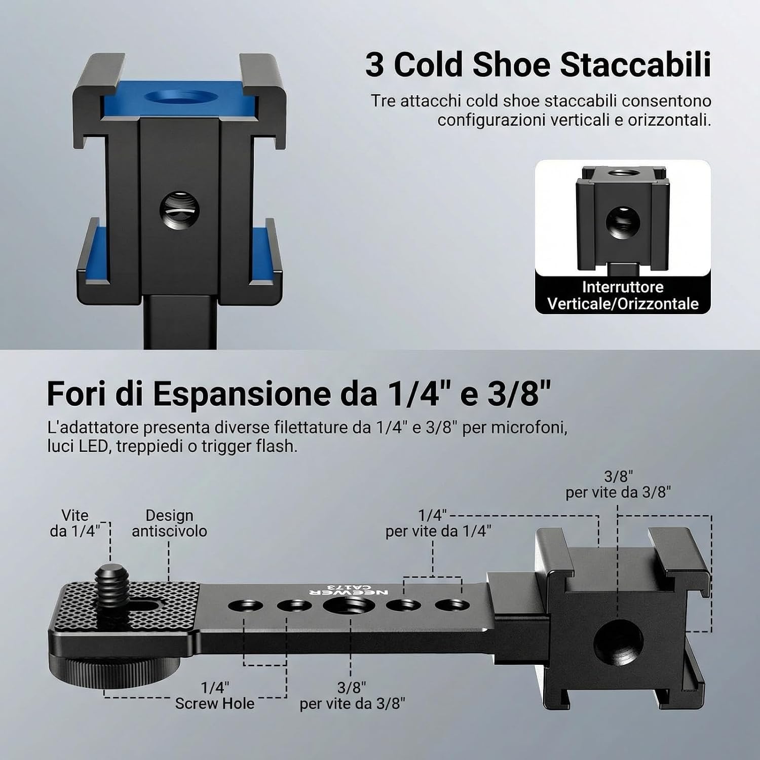 Detalle 2 de NEEWER CA173 piastra di estensione a triplo cold shoe per supporto microfono e luce LED su gimbal