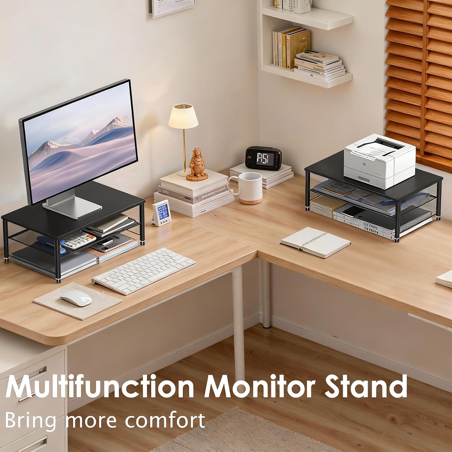 Detalle de OPNICE 2-Tier Monitor Stand Riser, Black Steel Desk Organizer, 44 lb Capacity