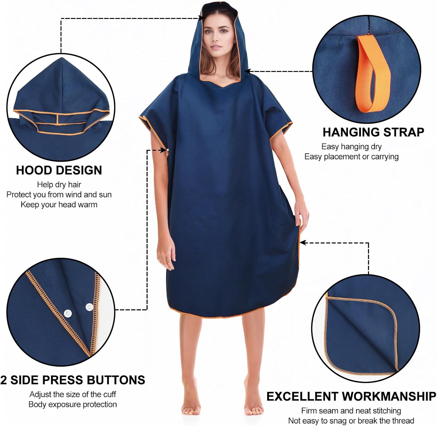 Detalle de Poncho da bagno in microfibra per uomo e donna – 110x90 cm, asciugamano poncho blu scuro