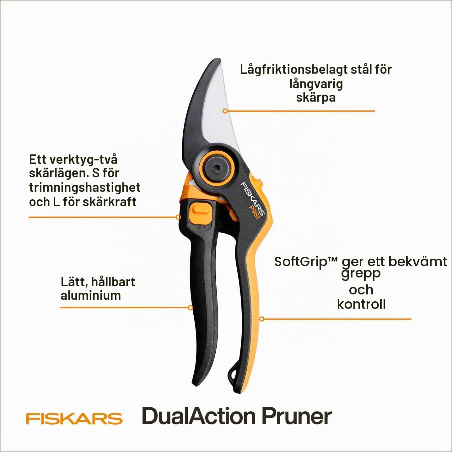Detalle de Fiskars X-series DualAction P981 trädgårdssax med sidoskär och 2-i-1-läge