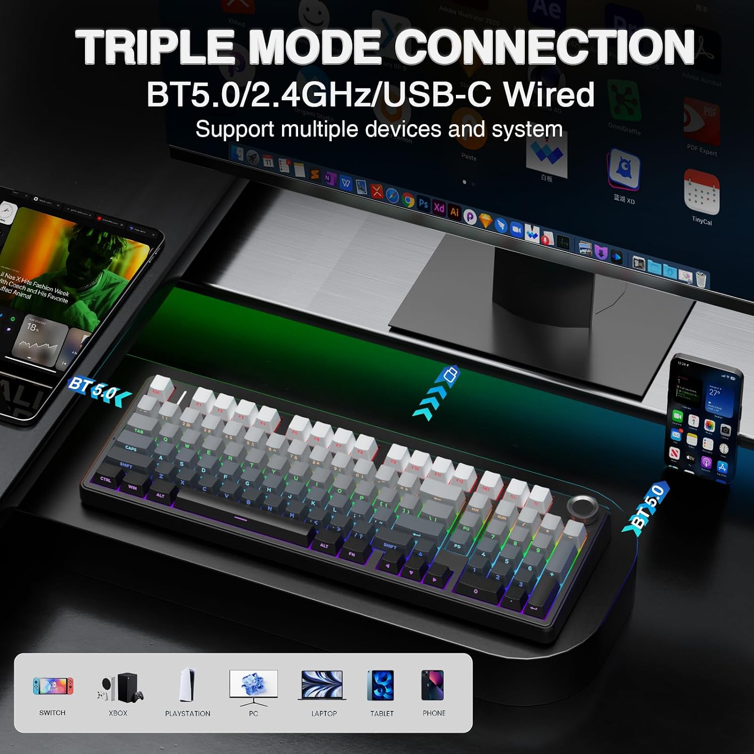 Thumbnail 2 de AULA F99 Pro Wireless Mechanical Keyboard (Knob, Tri-Mode BT5.0/USB-C/2.4GHz, Hot-Swappable, PBT)