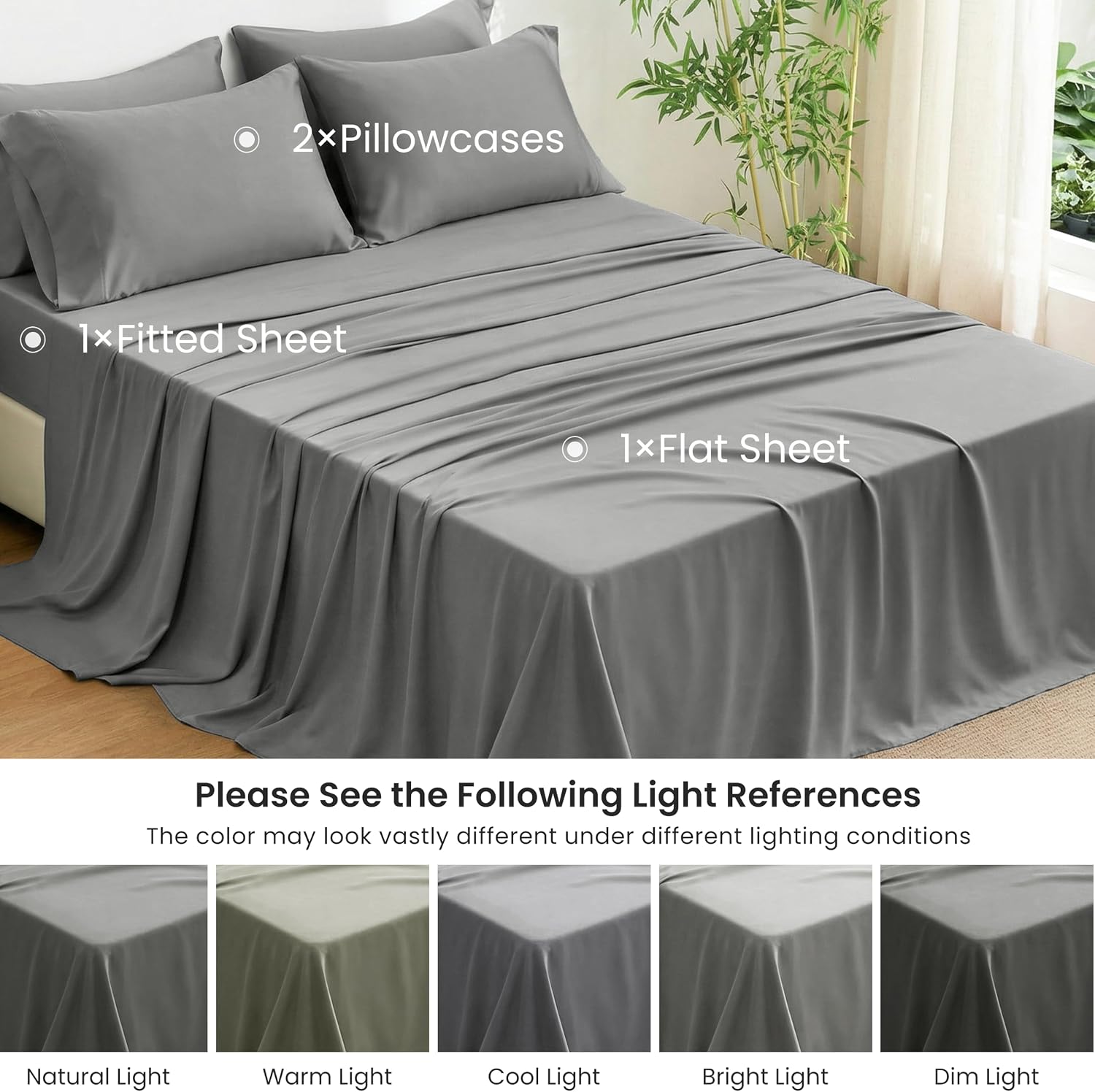 Thumbnail 6 de Love's cabin 4 Piece Queen Sheet Set - 100% Rayon Derived from Bamboo, Cooling & Breathable, Deep Pocket Up to 16", Grey