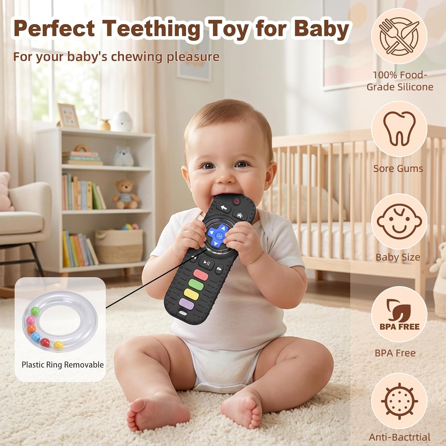 Detalle de HAILI TV Remote Control Baby Teether with Silicone Texture and Rattle, Black