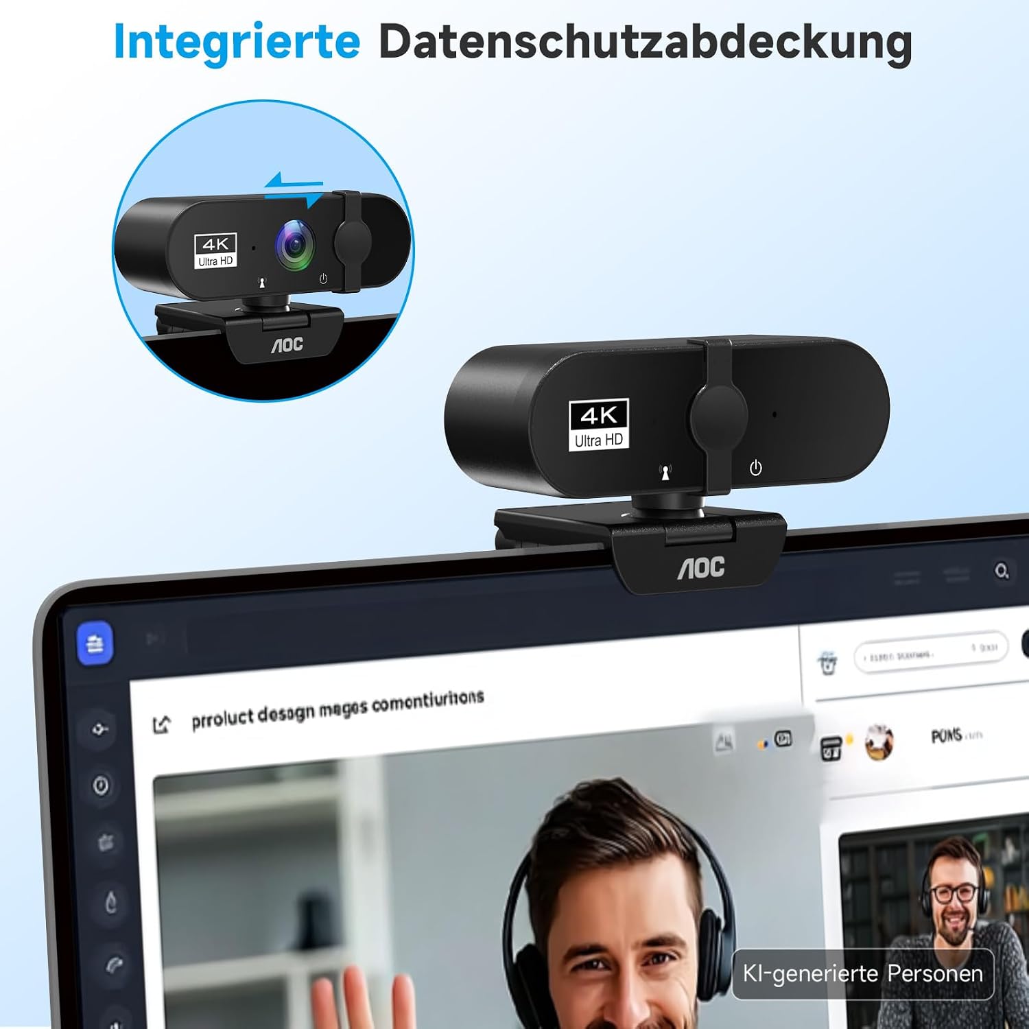 Detalle de AOC Webcam 4K Ultra HD mit Mikrofon, Privatsphärenabdeckung und Plug‑&‑Play
