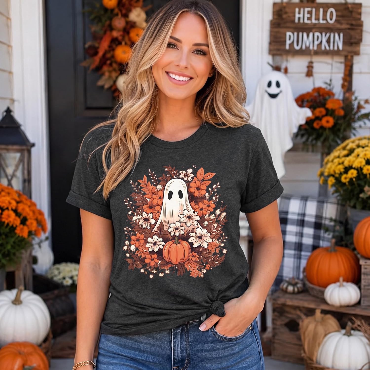 Detalle 2 de SUPEYA Women's Halloween Ghost Graphic Tee, Spooky Season Short-Sleeve Shirt