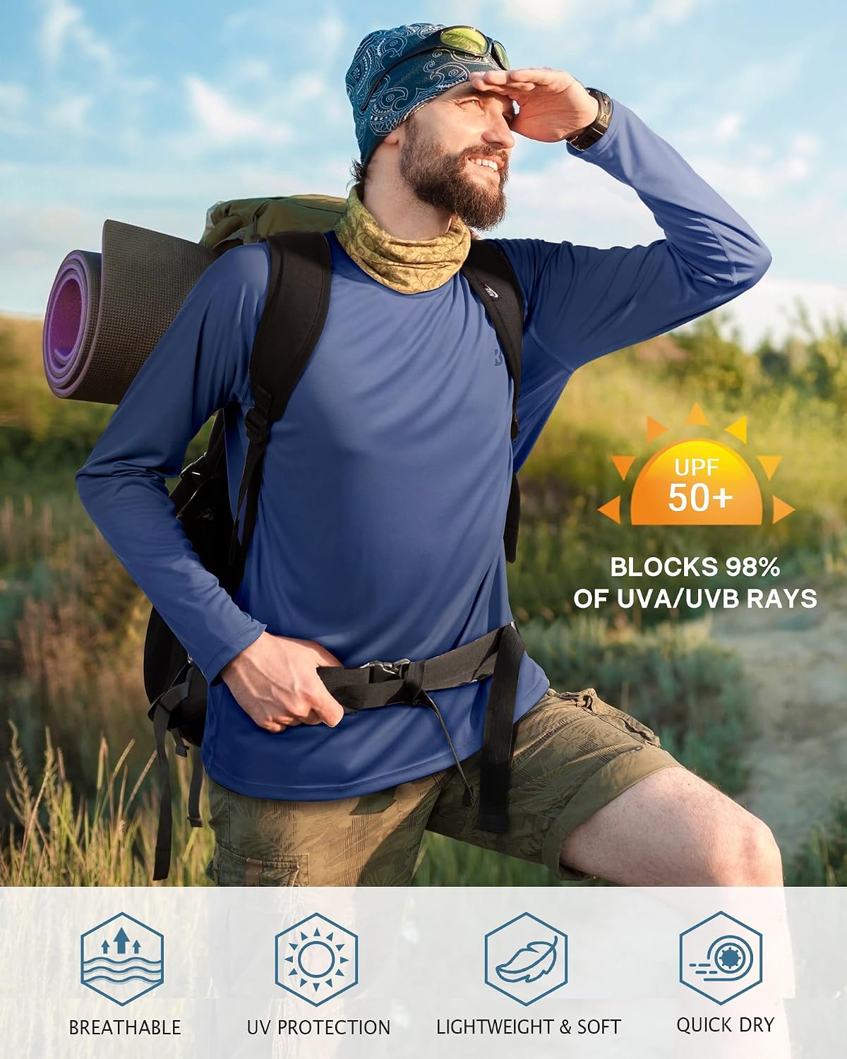 Detalle de Roadbox Men’s UV Protection SPF 50+ Long-Sleeve Rash Guard Shirt (UPF 50+)