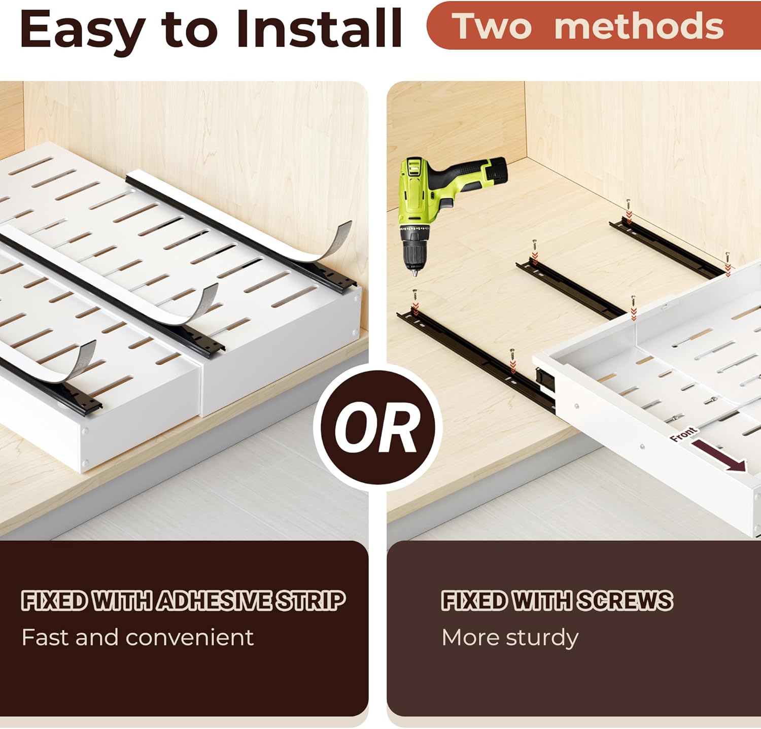 Thumbnail 4 de Makfoner 2 Pcs Pull Out Cabinet Organizers with Adjustable Width and Depth (12"-19" x 17"-23"), 3 Slides, Adhesive/Screw Install, No-Drill, For Kitchen & Bath
