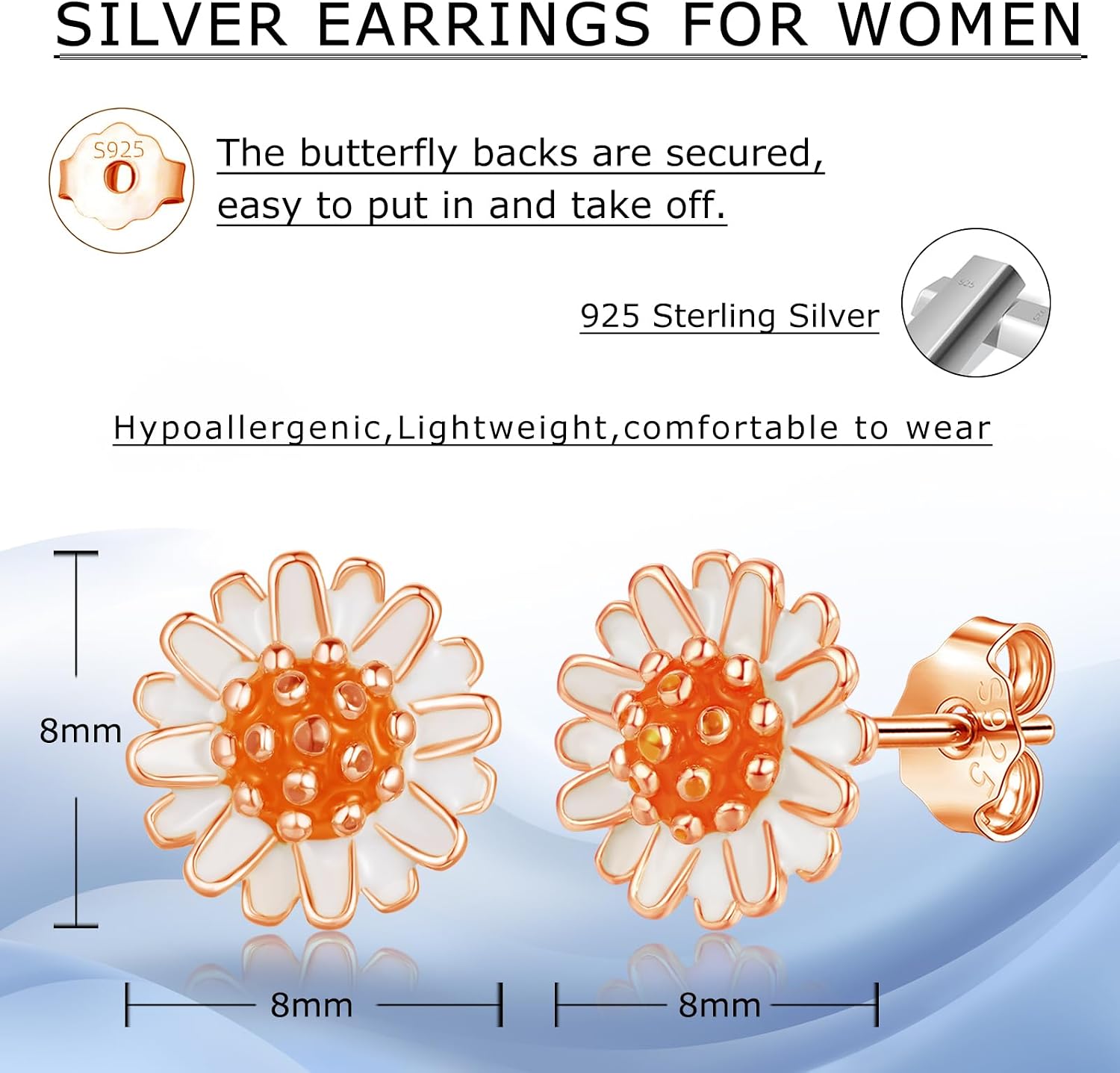 Detalle 2 de Kamise Silver Stud Earrings for Women – 925 Sterling Silver Daisy with Zirconia