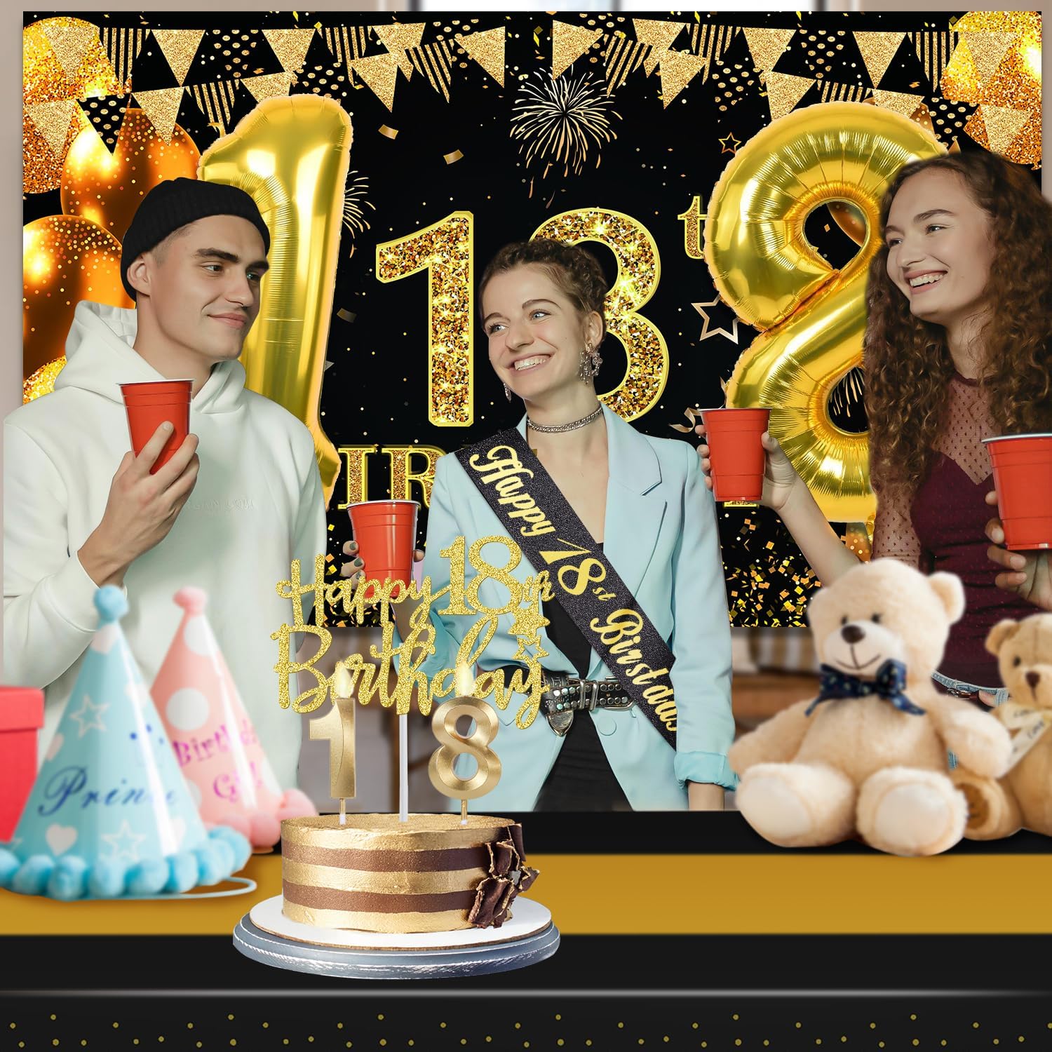 Detalle de 18th Birthday Decorations Set in Black and Gold: Banner, Table Cloth, Balloons, Sash, Cake Topper and Candles