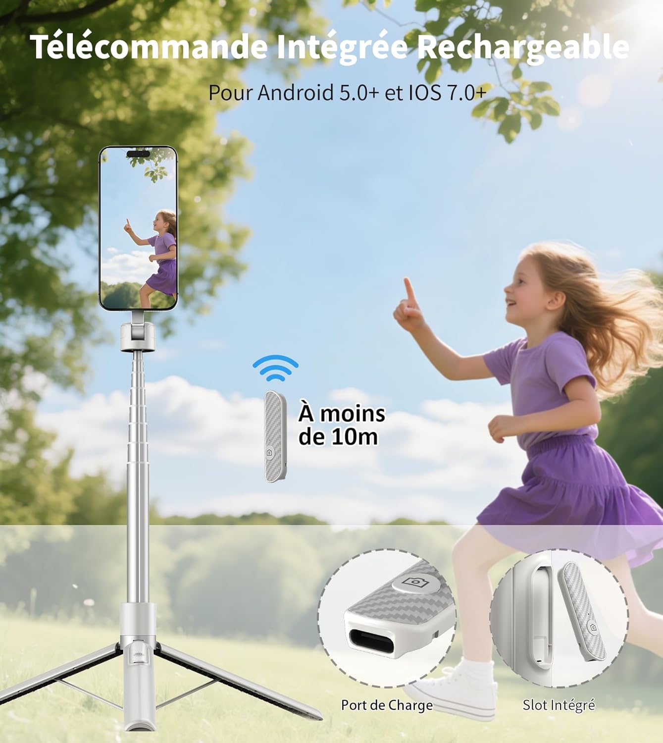 Detalle de TONEOF 173cm Perche Selfie Magnétique Trépied – Monopode télescopique avec fixation magnétique et télécommande