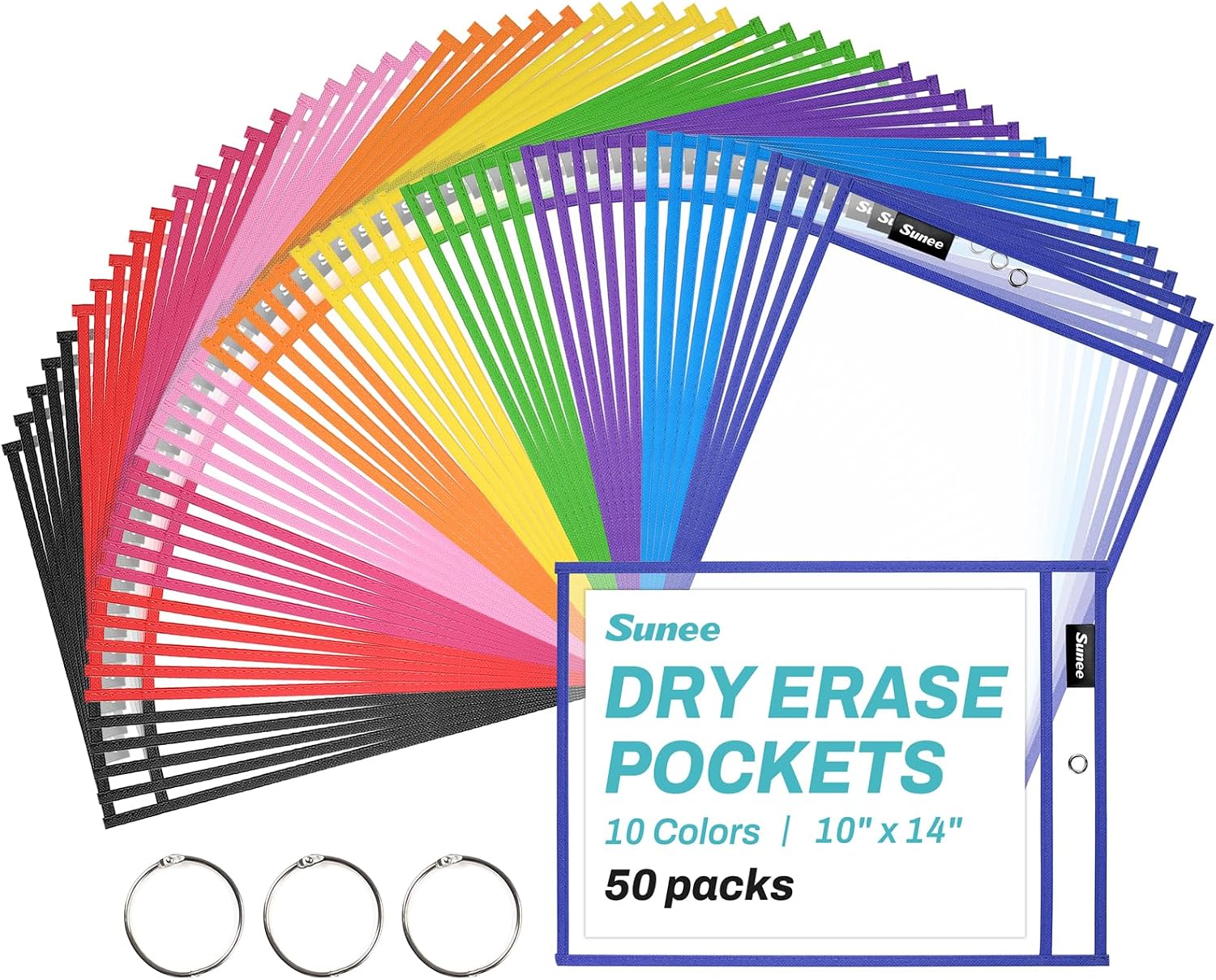 Detalle de SUNEE 50-Pack Dry Erase Pocket Sleeves, 10 x 14 in, 10 Colors, 3 Rings