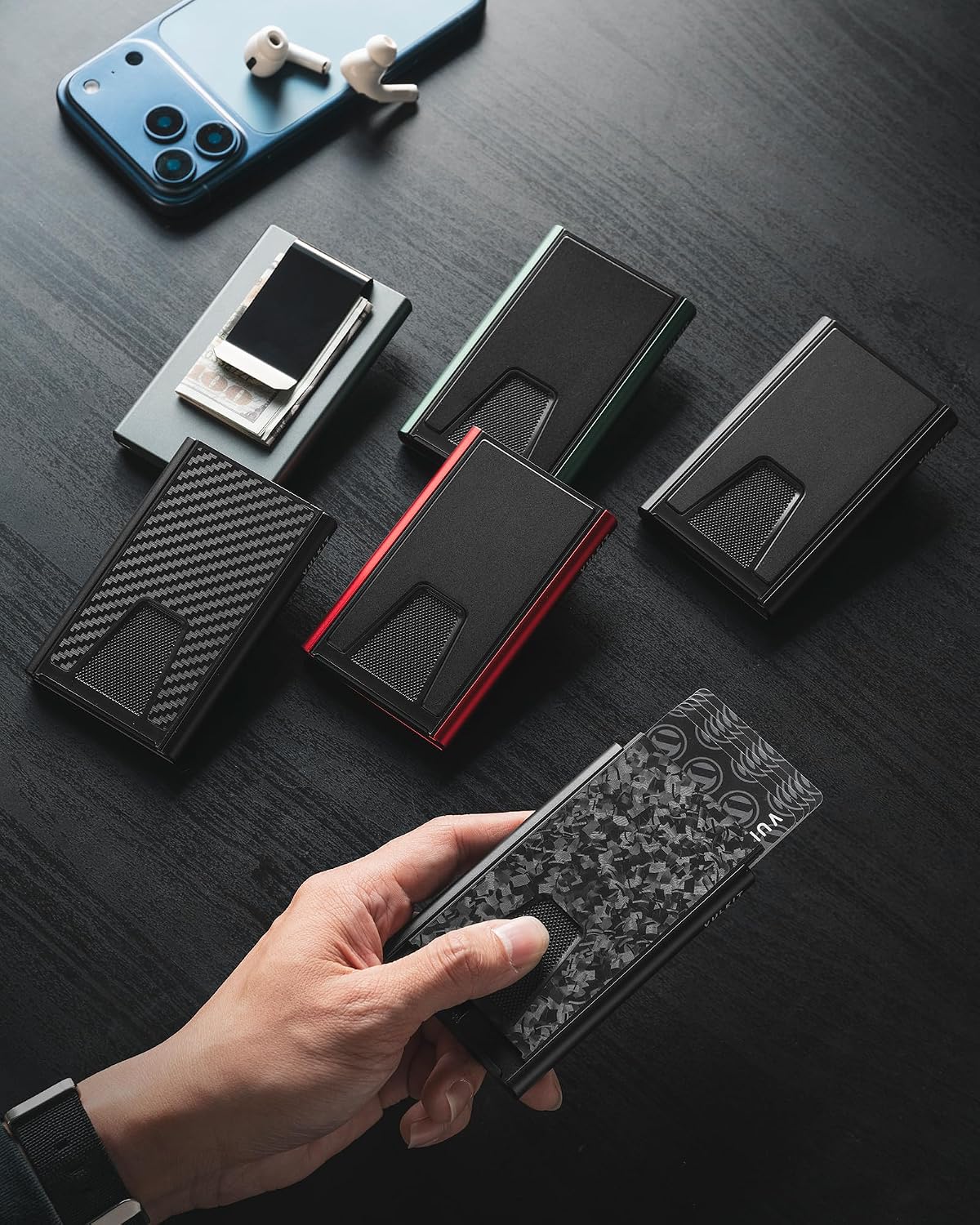 Detalle 2 de VULKIT Slim Card Wallet with Money Clip (Forged Carbon Black) RFID Blocking metal holder
