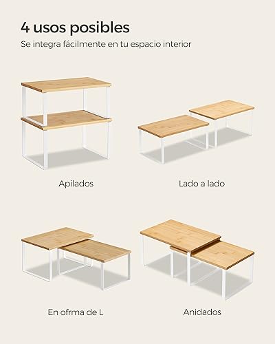 Thumbnail 6 de SONGMICS Estante para Especias (Juego de 2) – Organizador Extensible con Madera de Ingeniería y Metal, Blanco Nube / Beige Natural