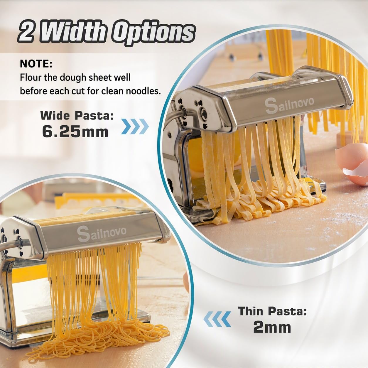 Thumbnail 6 de Sailnovo 3 in 1 Pasta Maker Machine with 9 Thickness Settings and 2 Width Cutters (Aluminum & Stainless Steel)