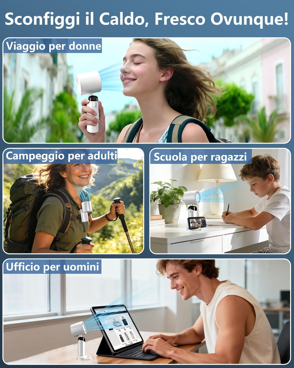 Detalle de Ventilatore da Tavolo Silenzioso con Rotazione 360° e Display LED – 4000mAh, Regolazione Continua 1–100, Autonomia fino a 17 Ore