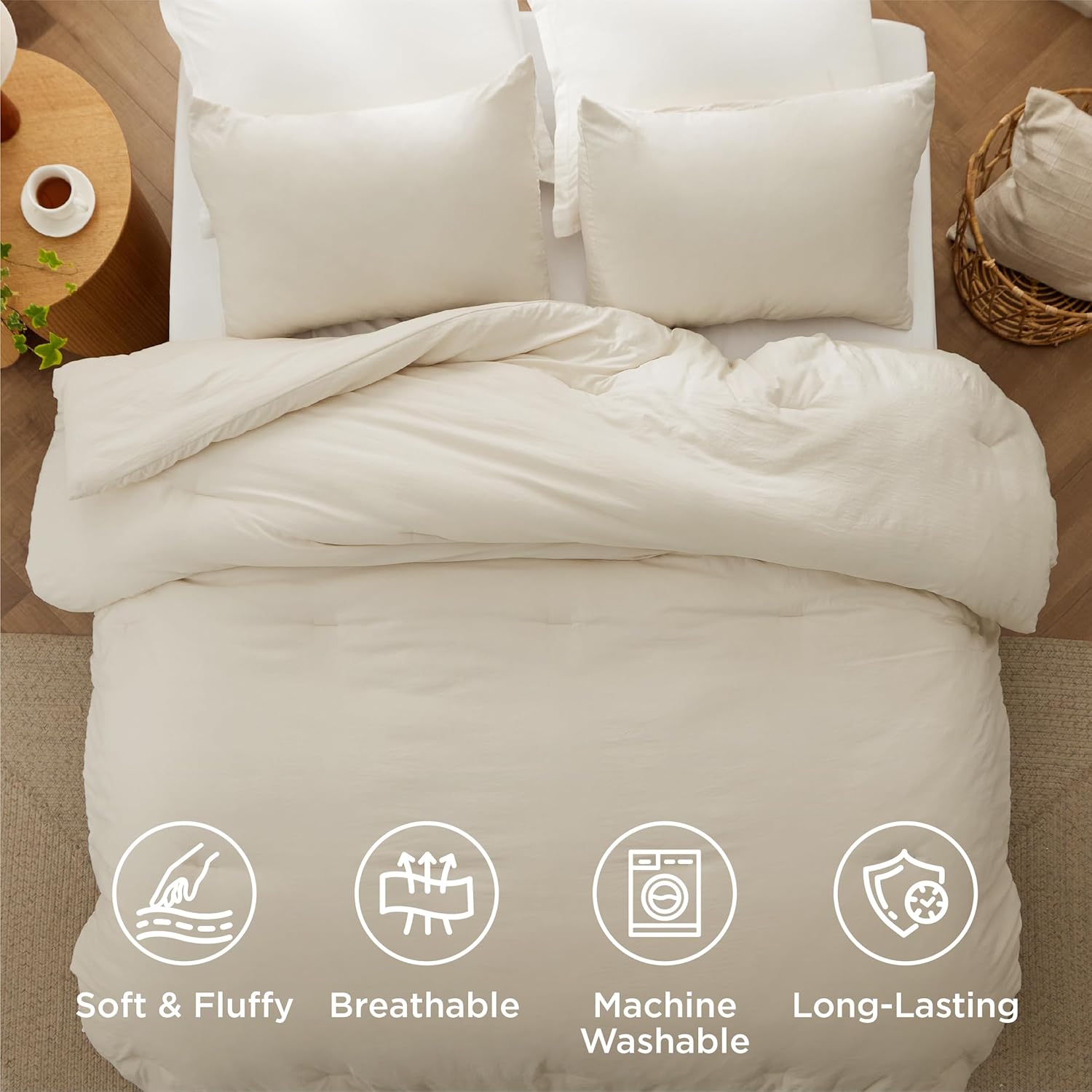 Detalle 2 de Bedsure BB349B2 Queen Comforter Set, Cream, 3-Piece Prewashed Polyester