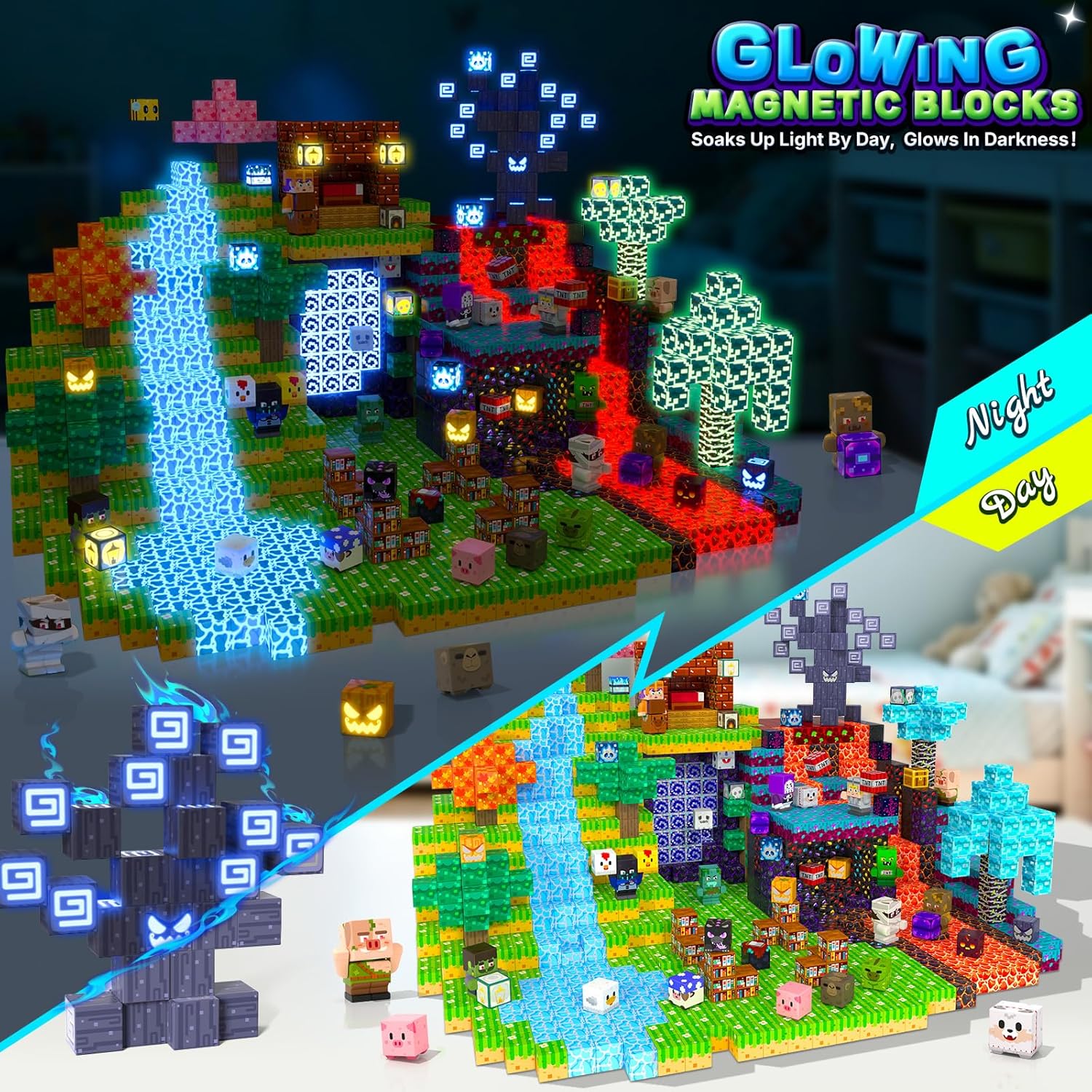 Detalle de IGIVI 500-Piece Magnetic Blocks with Light Up Blocks: Build a Glow-in-the-Dark MagWorld